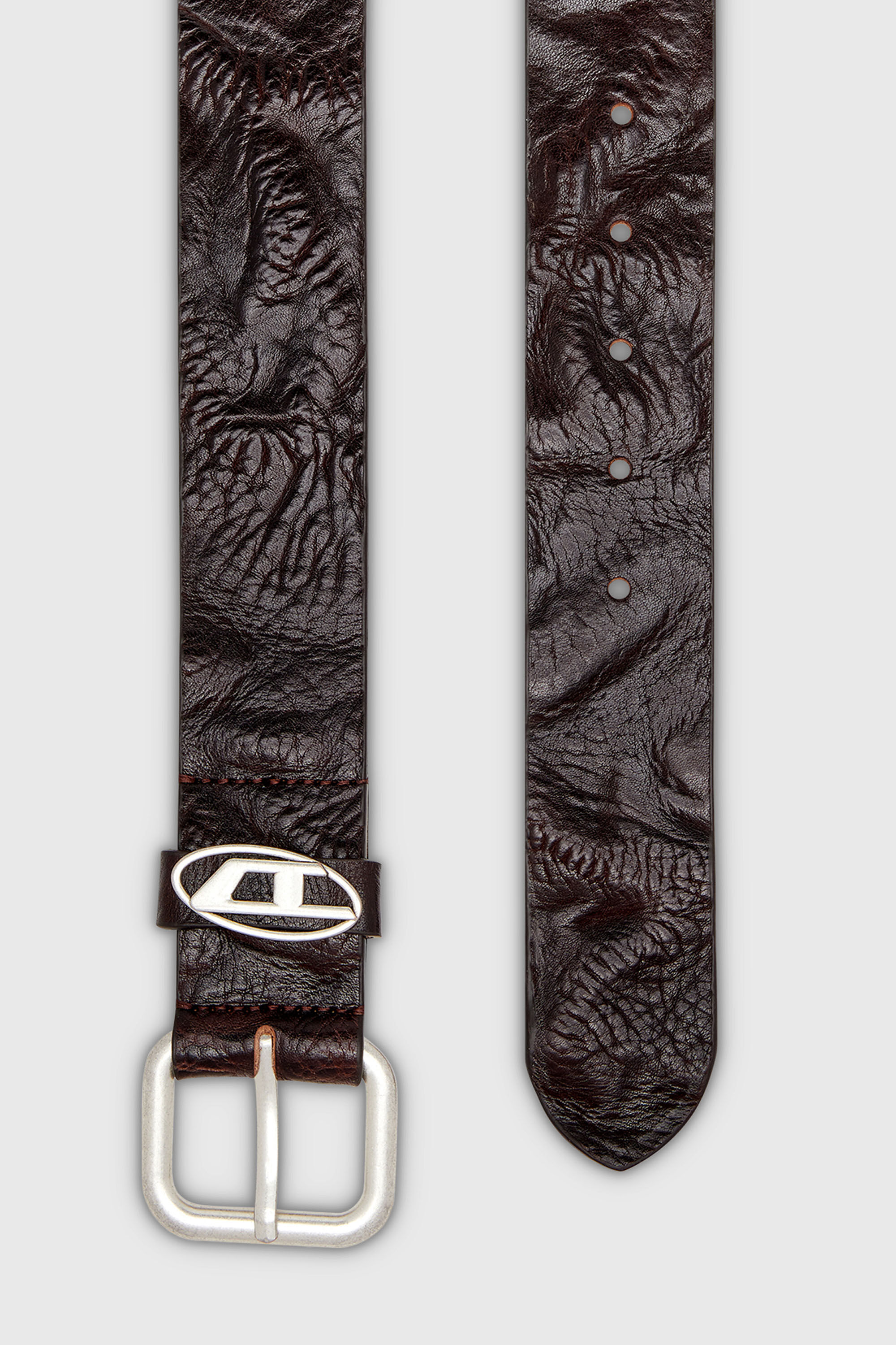 Diesel - B-1DR OVAL D LOOP, Unisex's 3.9cm logo-plaque wrinkled leather belt in Dark Brown - 2