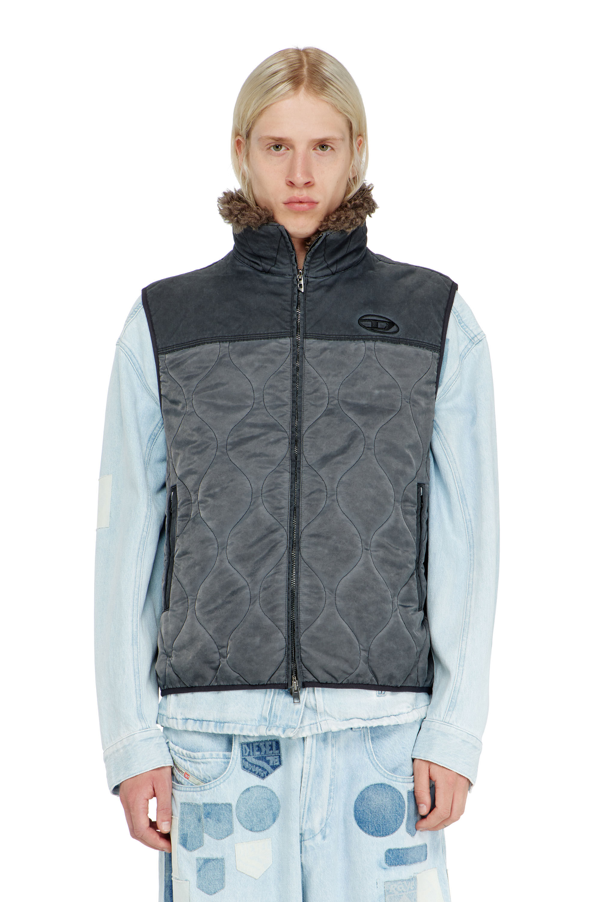 Diesel - J-ALVAR, Man's Quilted vest with fluffy neck lining in Dark grey - 5
