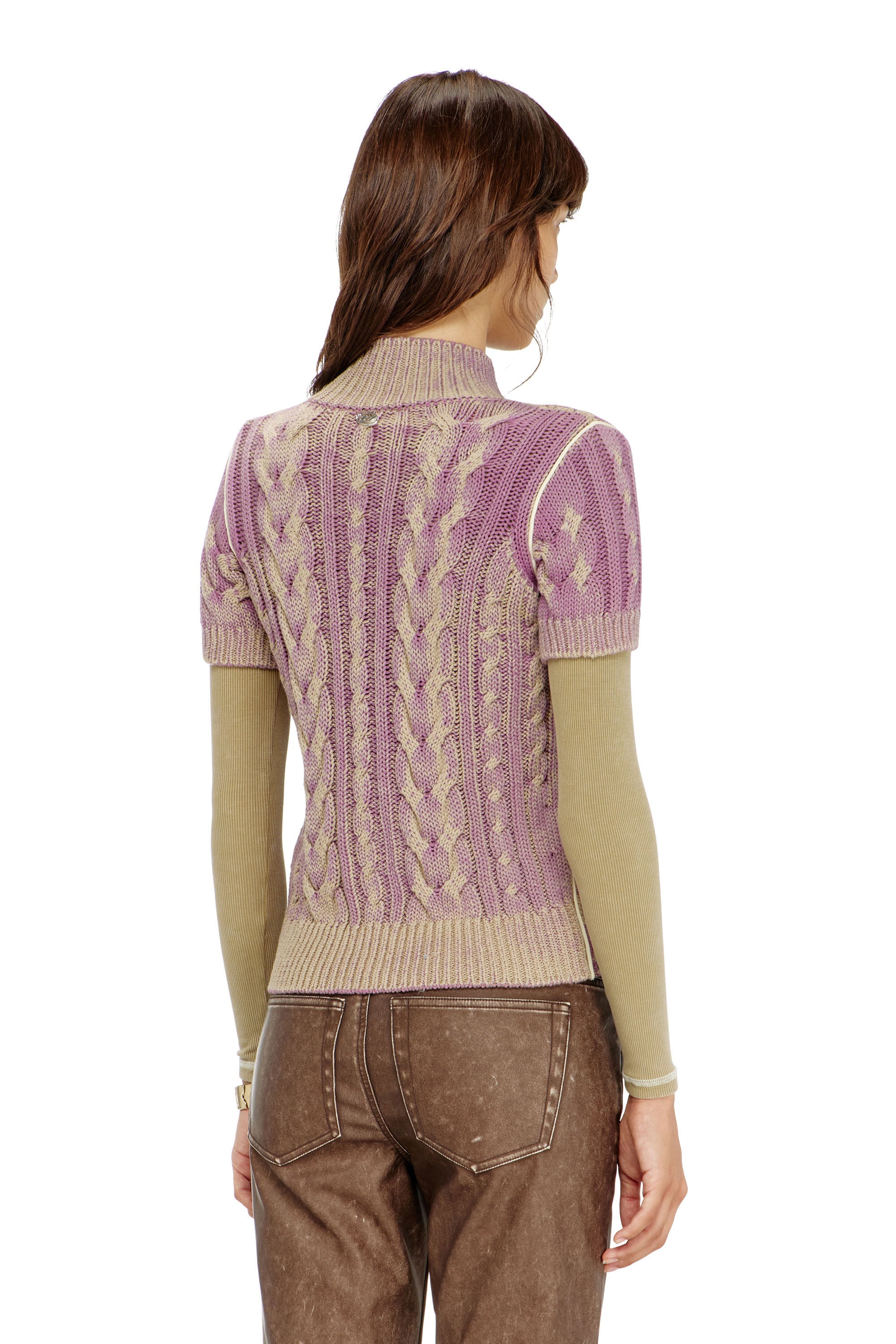 Diesel - M-ELANA, Woman's Short-sleeve zip cardigan in cable knit in Beige/Violet - 4