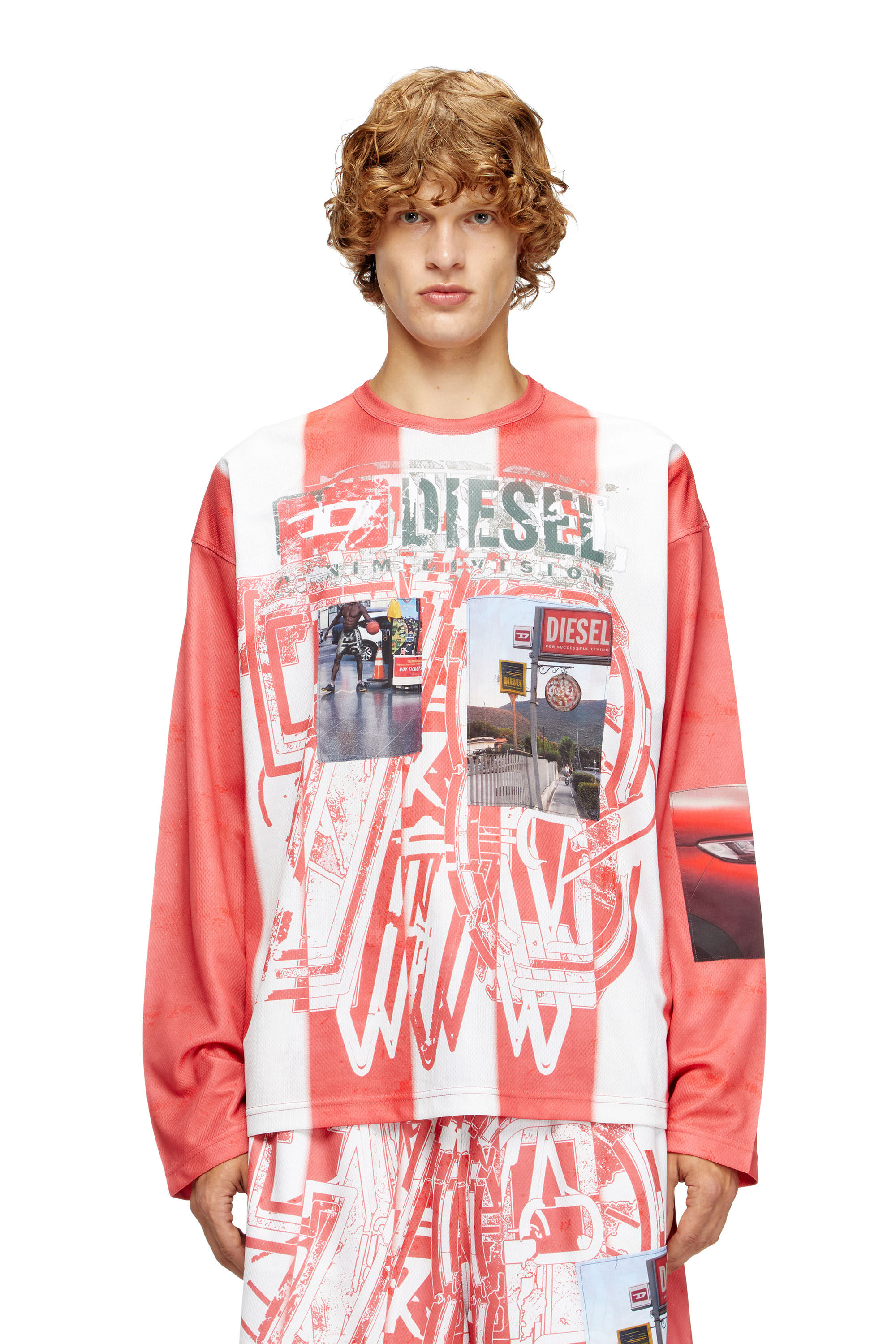Diesel - T-RUBY, Man's Striped long-sleeve T-shirt with photo patches in Red/White - 3