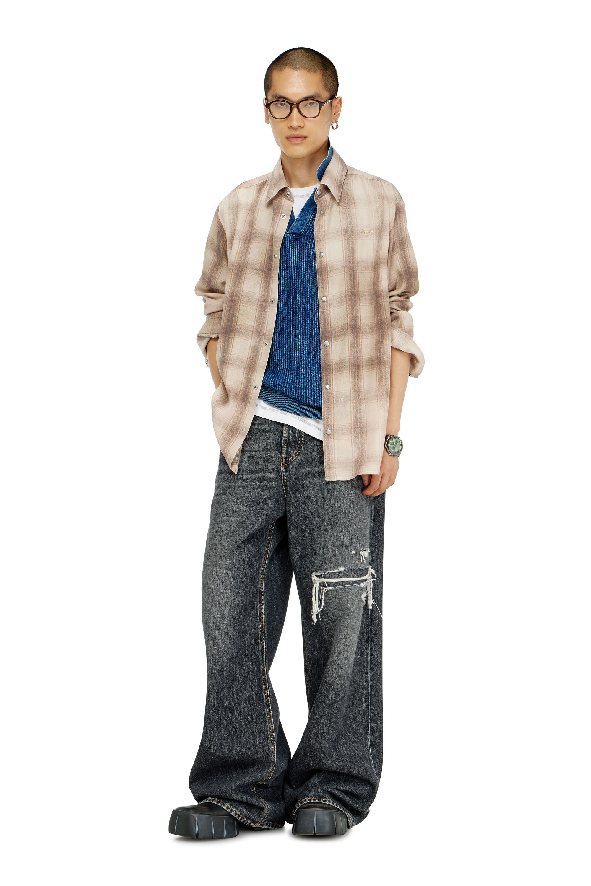 Diesel - S-SIMPLY-JMCM, Man's Check shirt in fluid fabric in Light Brown - 1