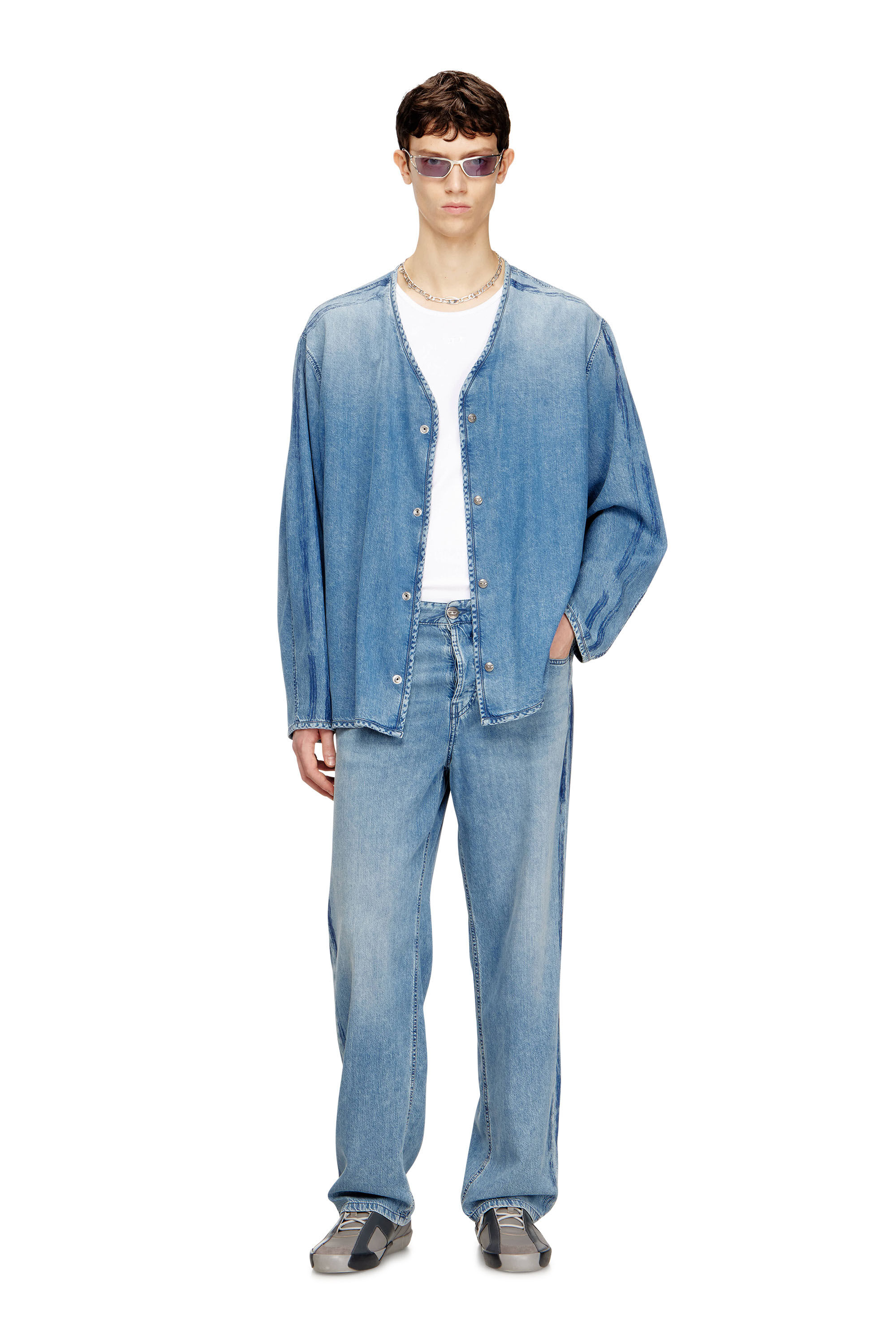 Diesel - D-CADI-S, Man's V-neck shirt in fluid denim with stripes in Light Blue - 1