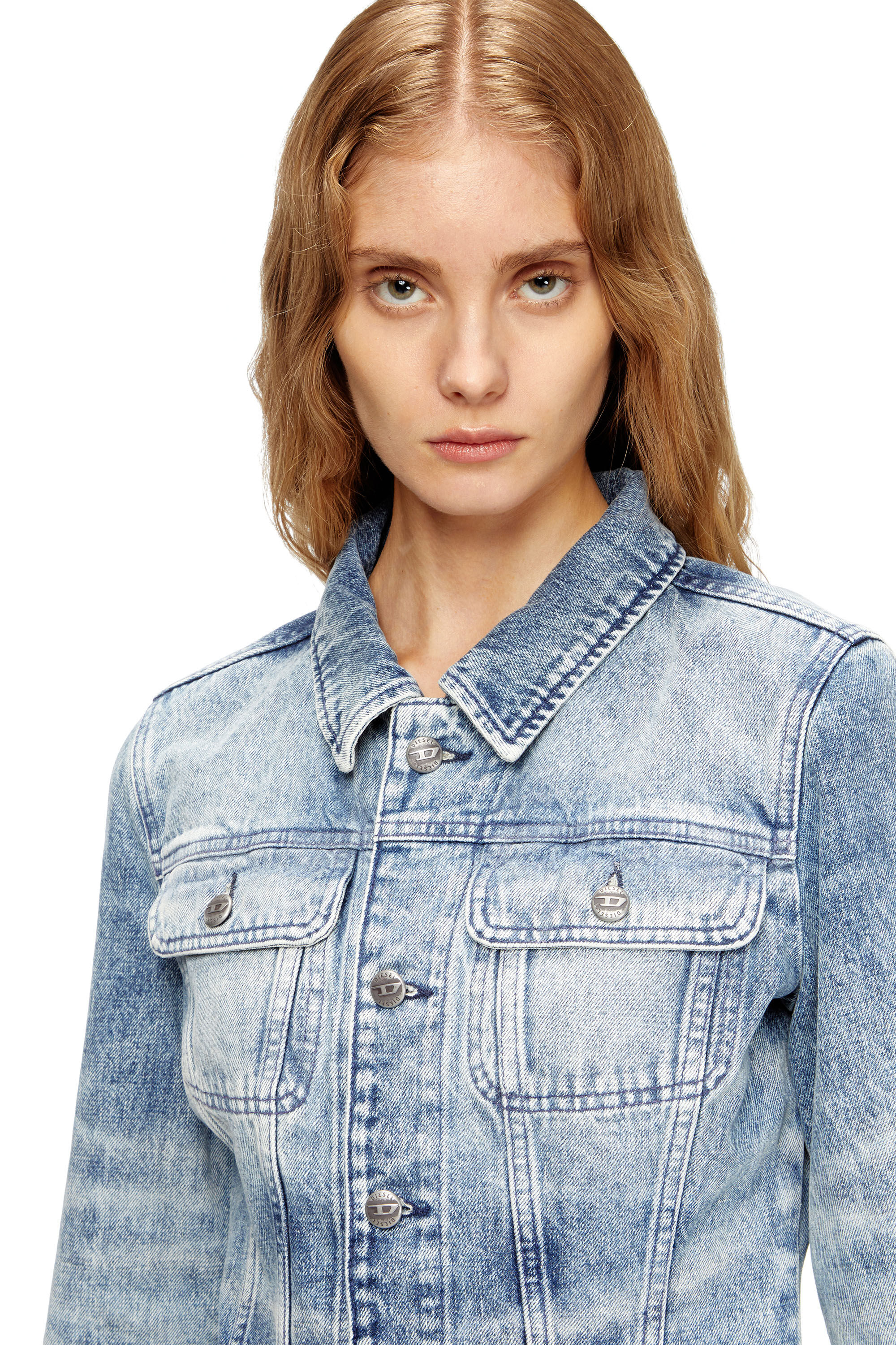 Diesel - DE-KATERIN-FSH, Woman's Fitted jacket in lasered cotton-hemp denim in Light Blue - 5