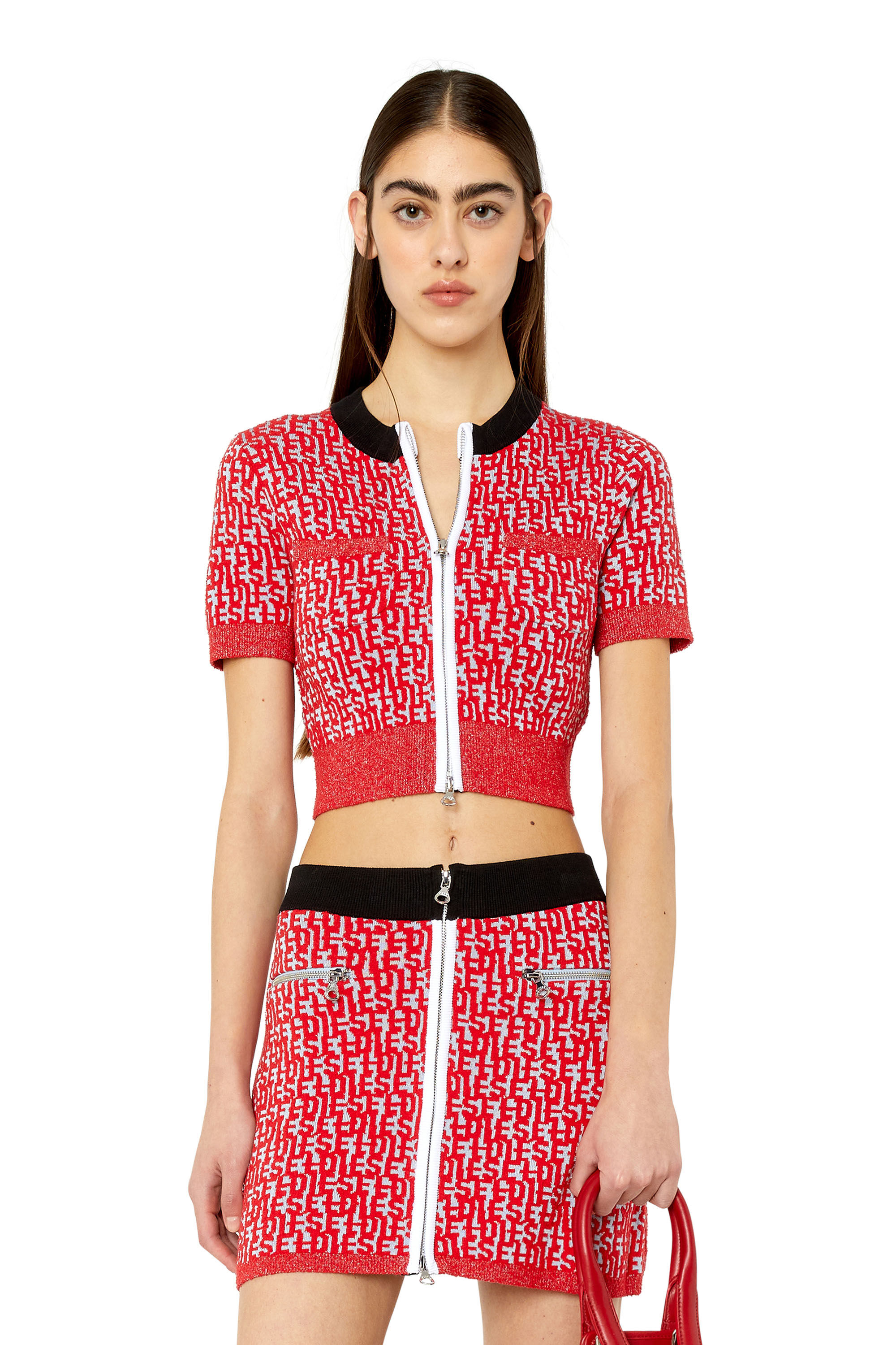 Diesel - M-ATHILDE, Woman's Mini cardigan with bouclé-knit monogram in Grey/Red - 3