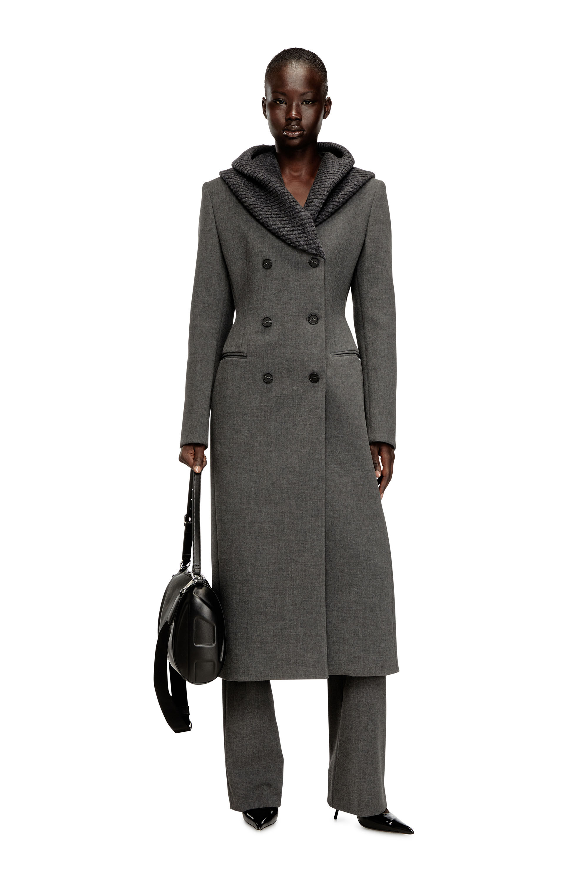 Diesel - G-OLDEN-LONG, Woman's Long hourglass coat with knitted cowl hood in Grey - 1