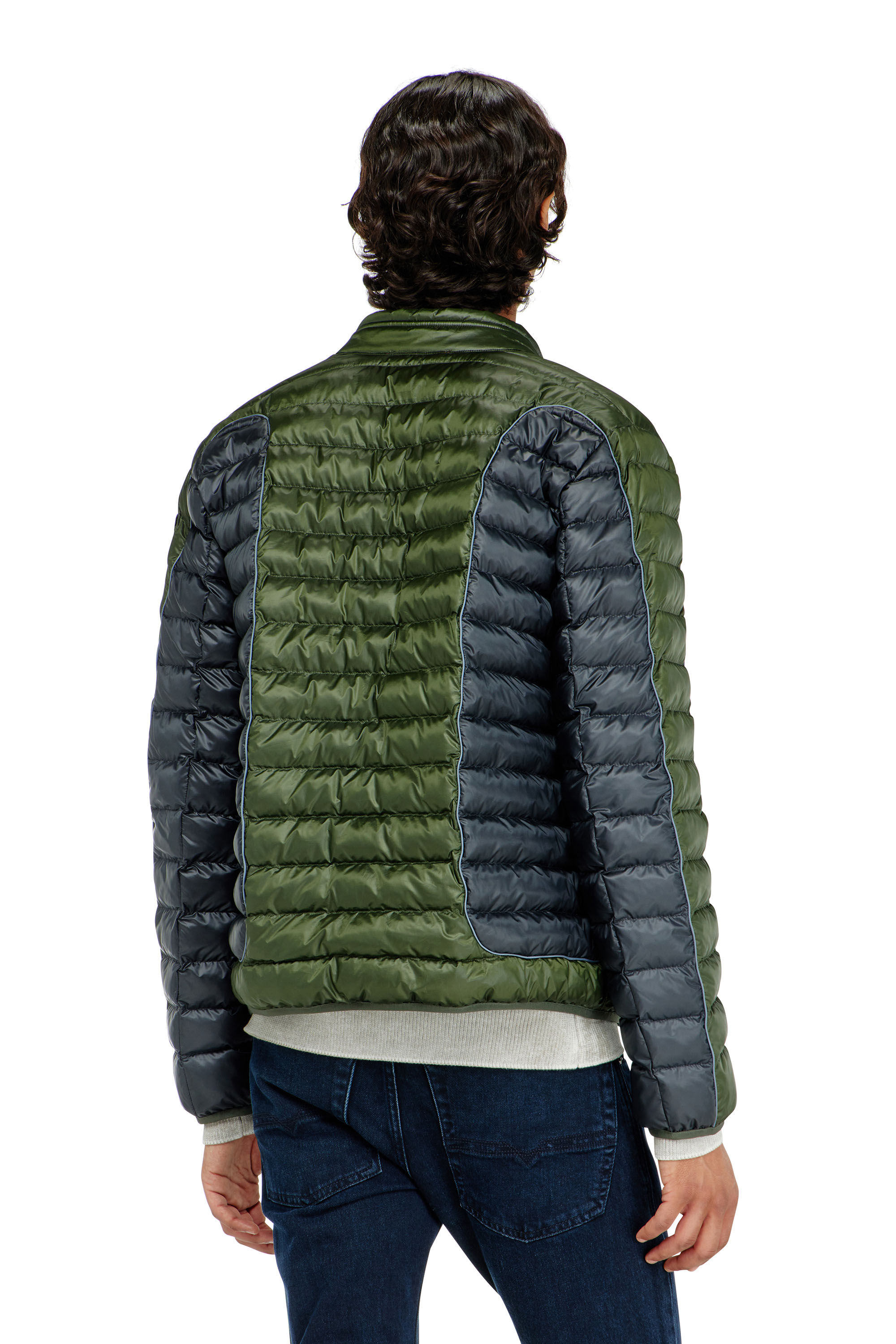 Diesel - W-PILOT-BLOCK, Man's Biker-style puffer jacket with colour-block design in Grey/Green - 4