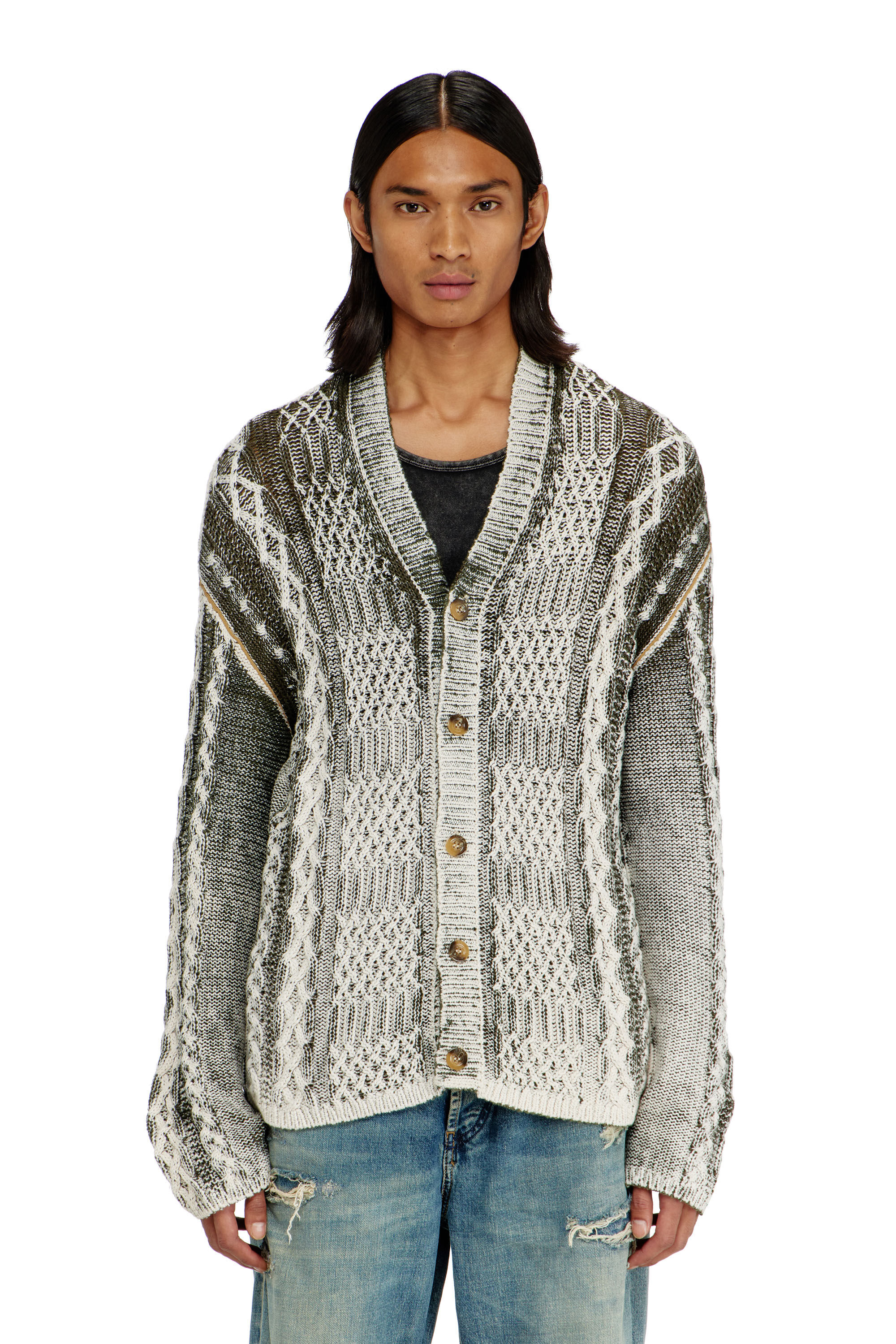 Diesel - K-MIOTO, Man's Treated cable-knit cardigan in White/Grey - 3