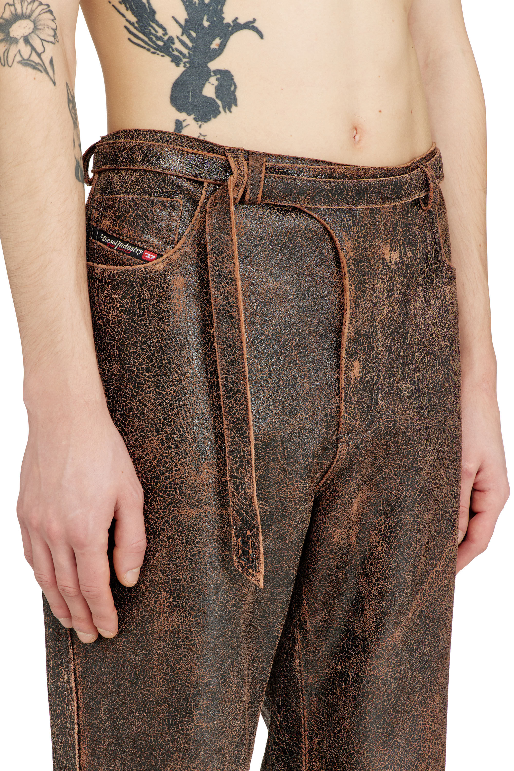 Diesel - P-NURI, Man's Cracked-leather pants with biker strap detail in null - 5
