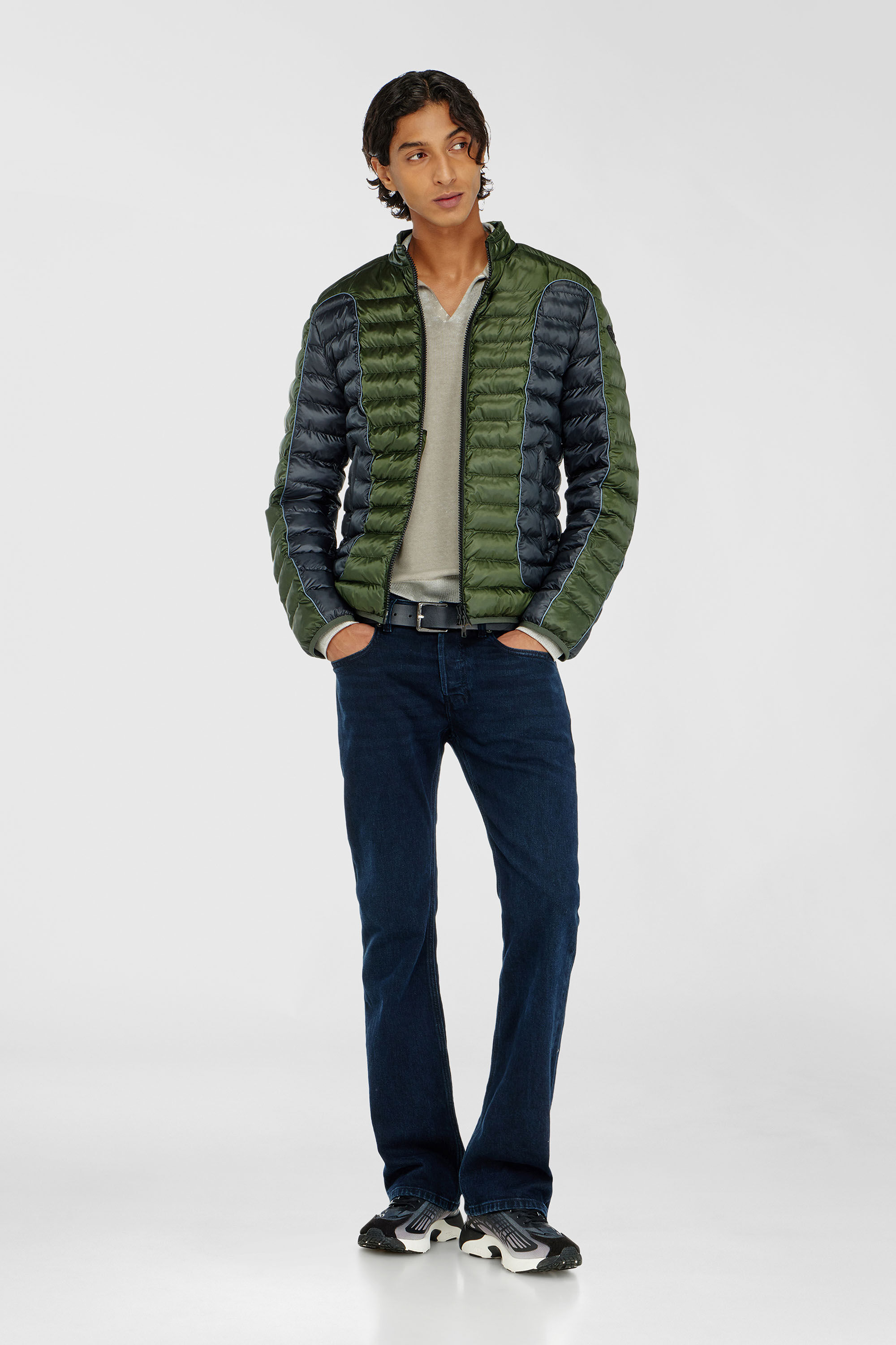 Diesel - W-PILOT-BLOCK, Man's Biker-style puffer jacket with colour-block design in Grey/Green - 1