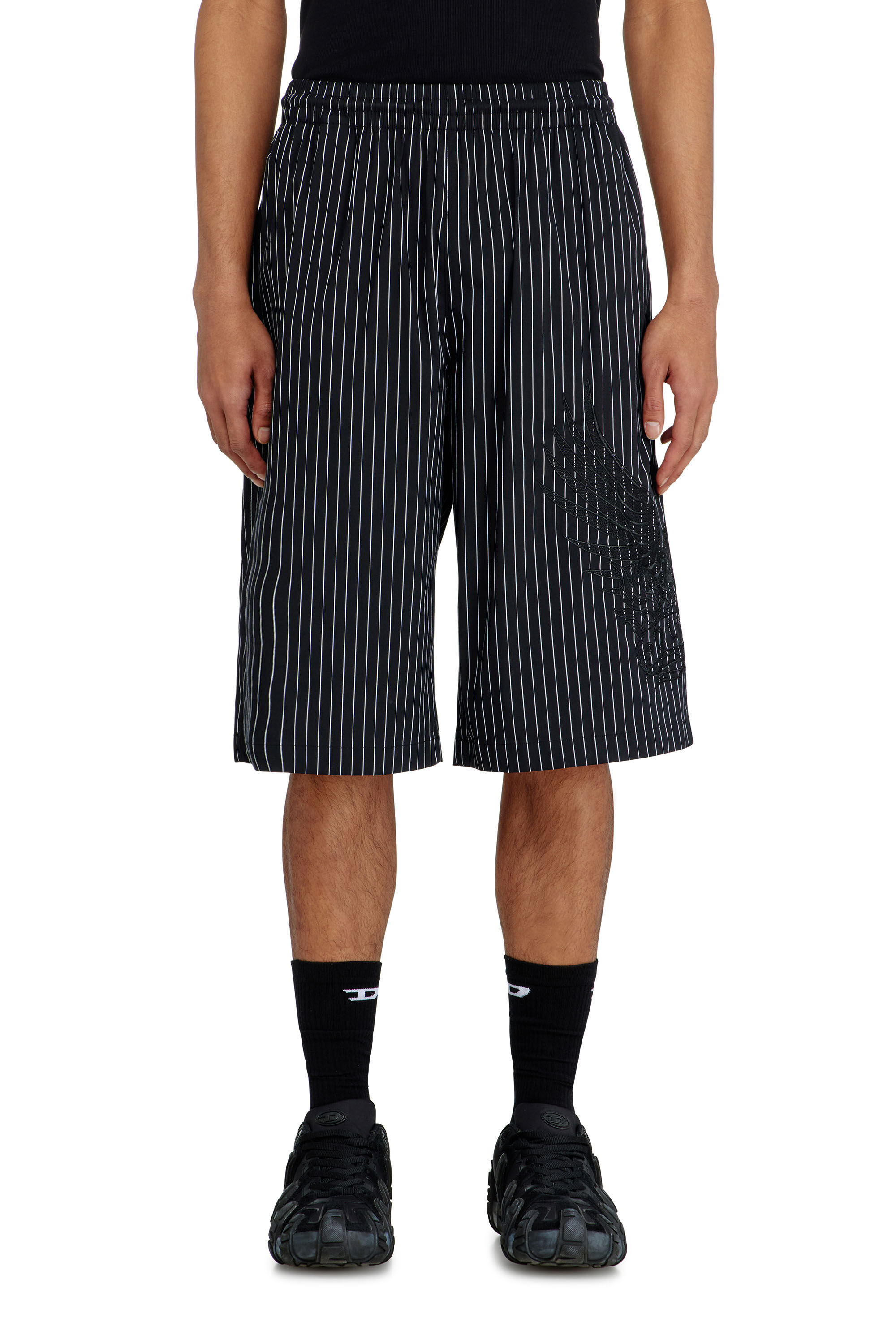 Diesel - P-THEO-SHORT-NJCA, Man's Pinstripe shorts with Phoenix embroidery in Black - 3