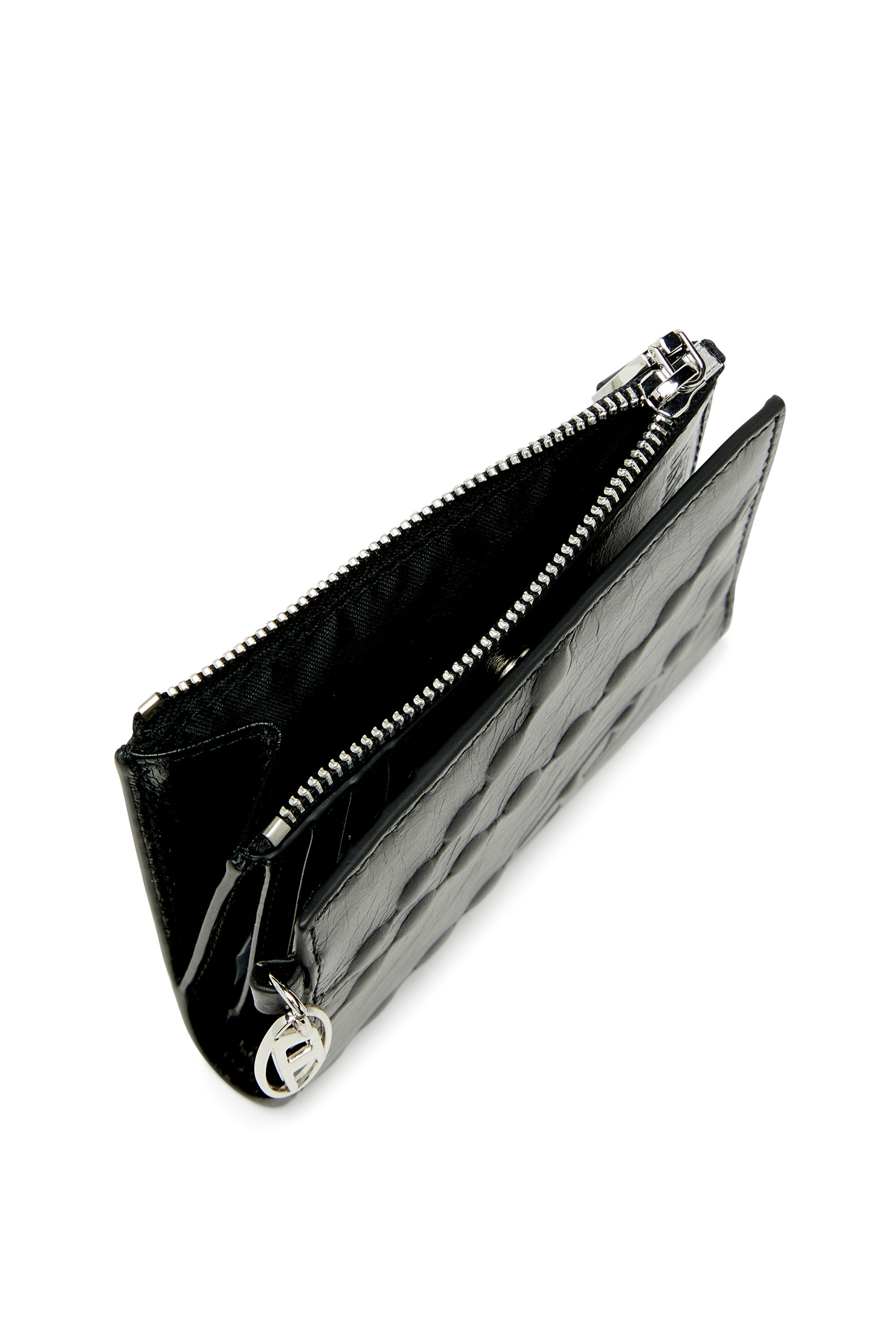 Diesel - OVAL-D BI FOLD ZIP II, Woman's Leather bi-fold wallet with embossed chain motif in Black - 4