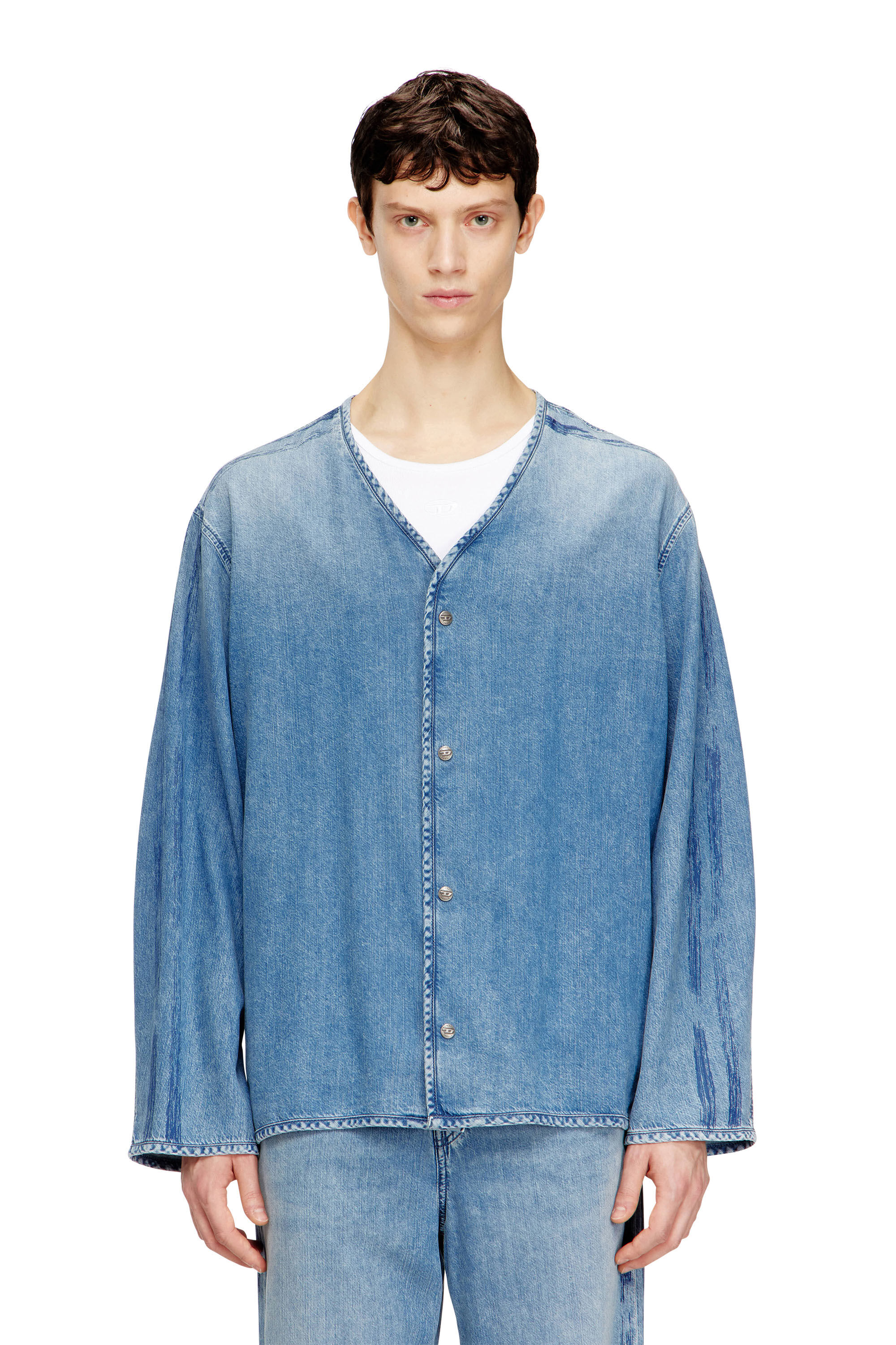 Diesel - D-CADI-S, Man's V-neck shirt in fluid denim with stripes in Light Blue - 3
