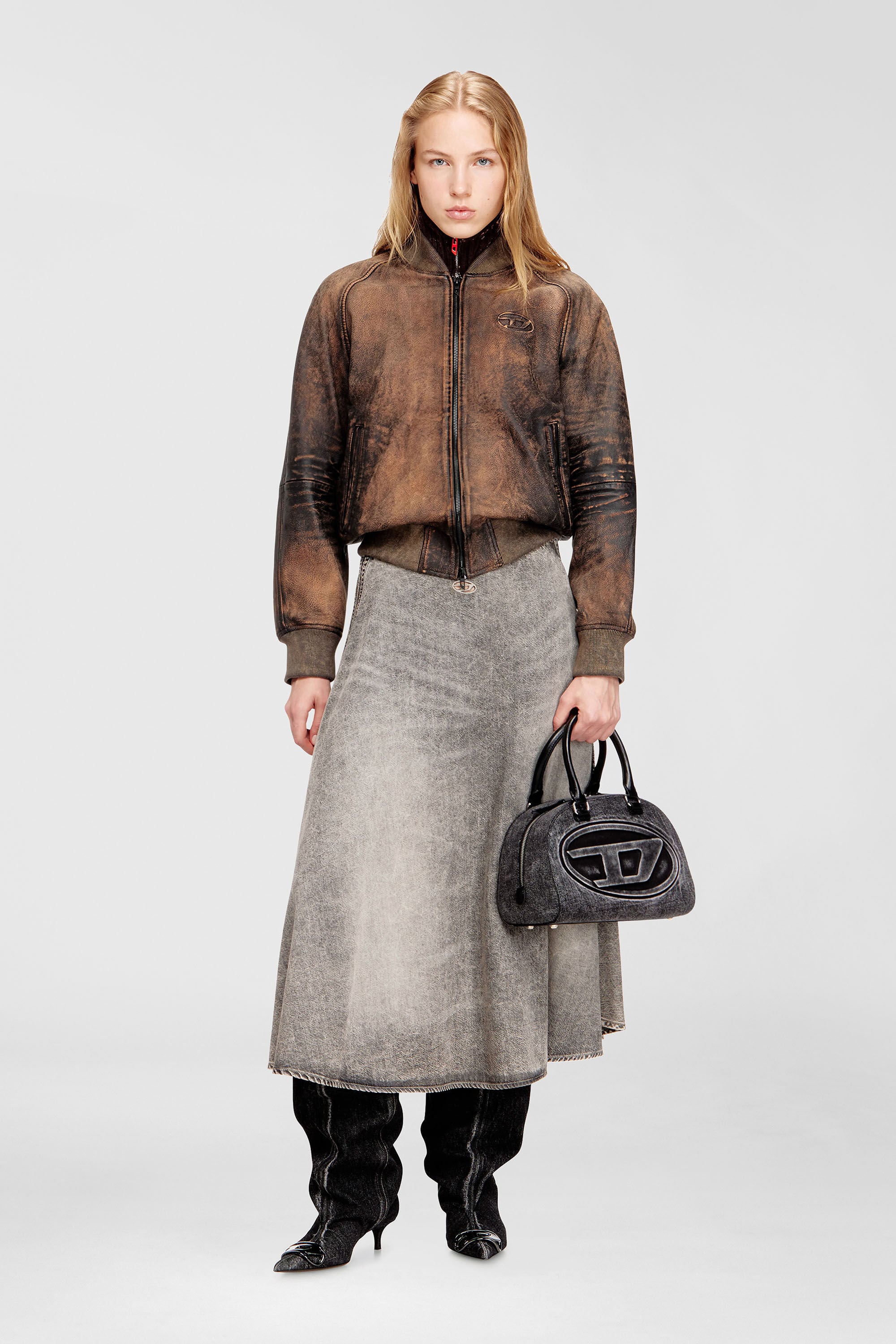 Diesel - 1DR DOME TOP HANDLE, Woman's 1DR Dome-Bowling bag in washed denim in Grey - 1