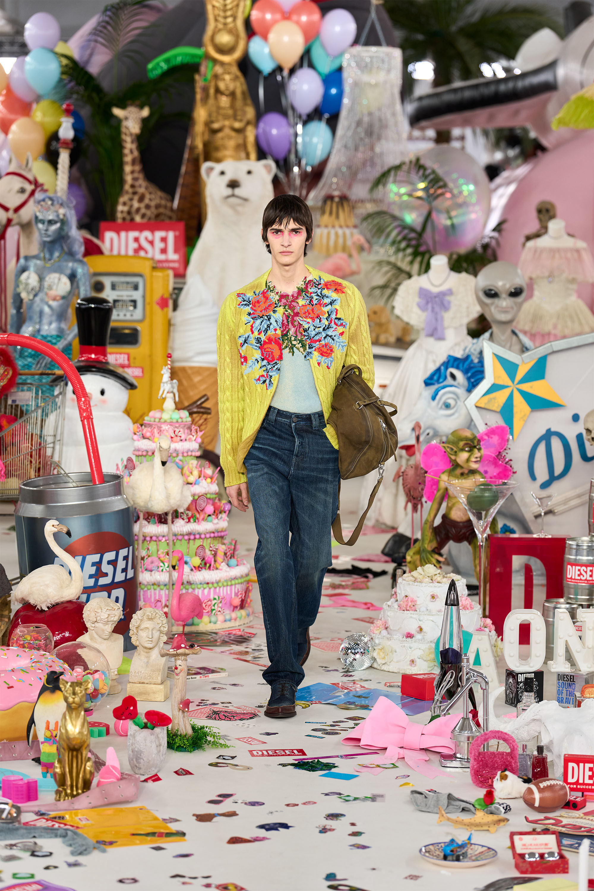 Diesel - K-RINO, Man's Open-front cardigan in floral cable knit in Green Fluo - 6