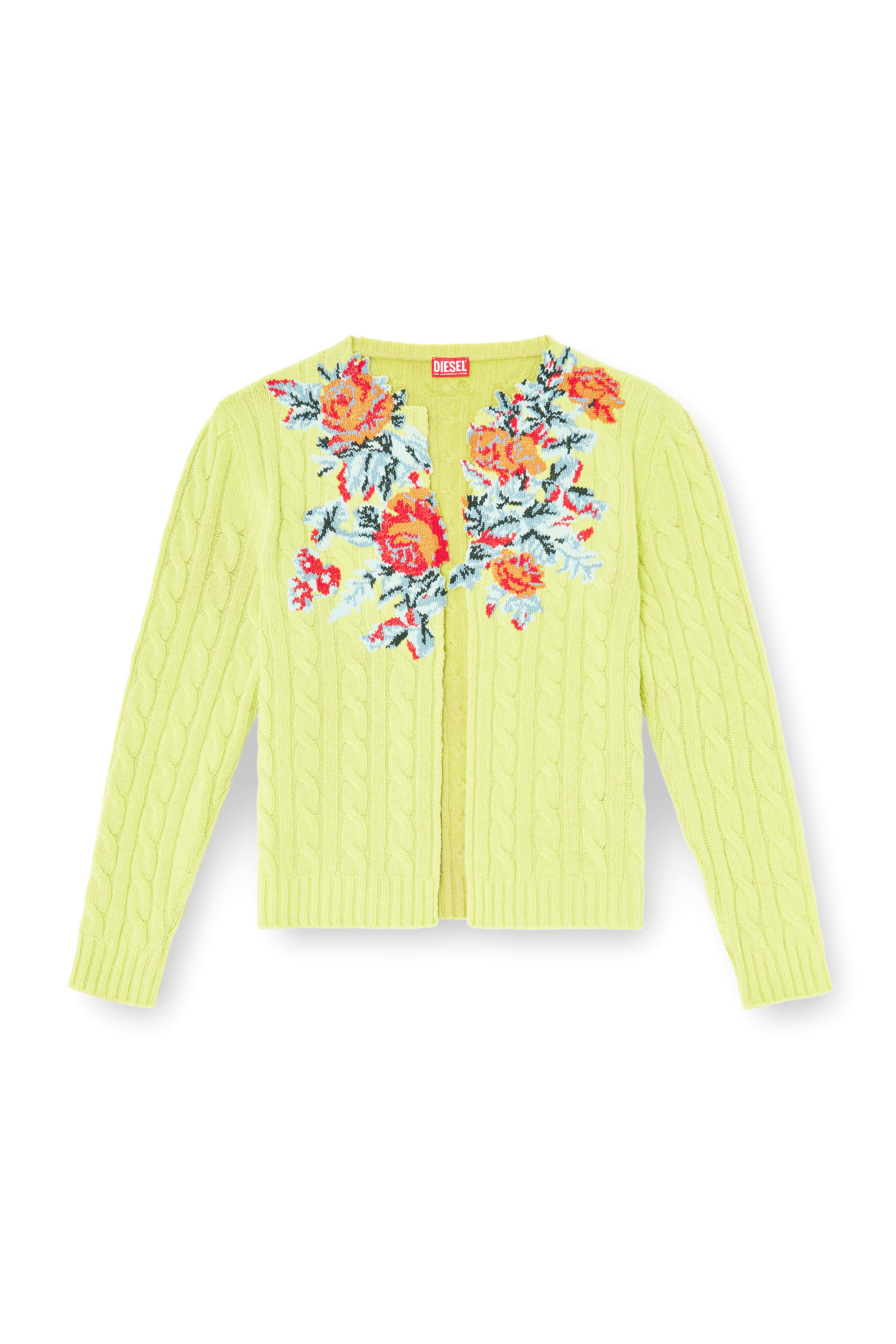 Diesel - K-RINO, Man's Open-front cardigan in floral cable knit in Green Fluo - 2