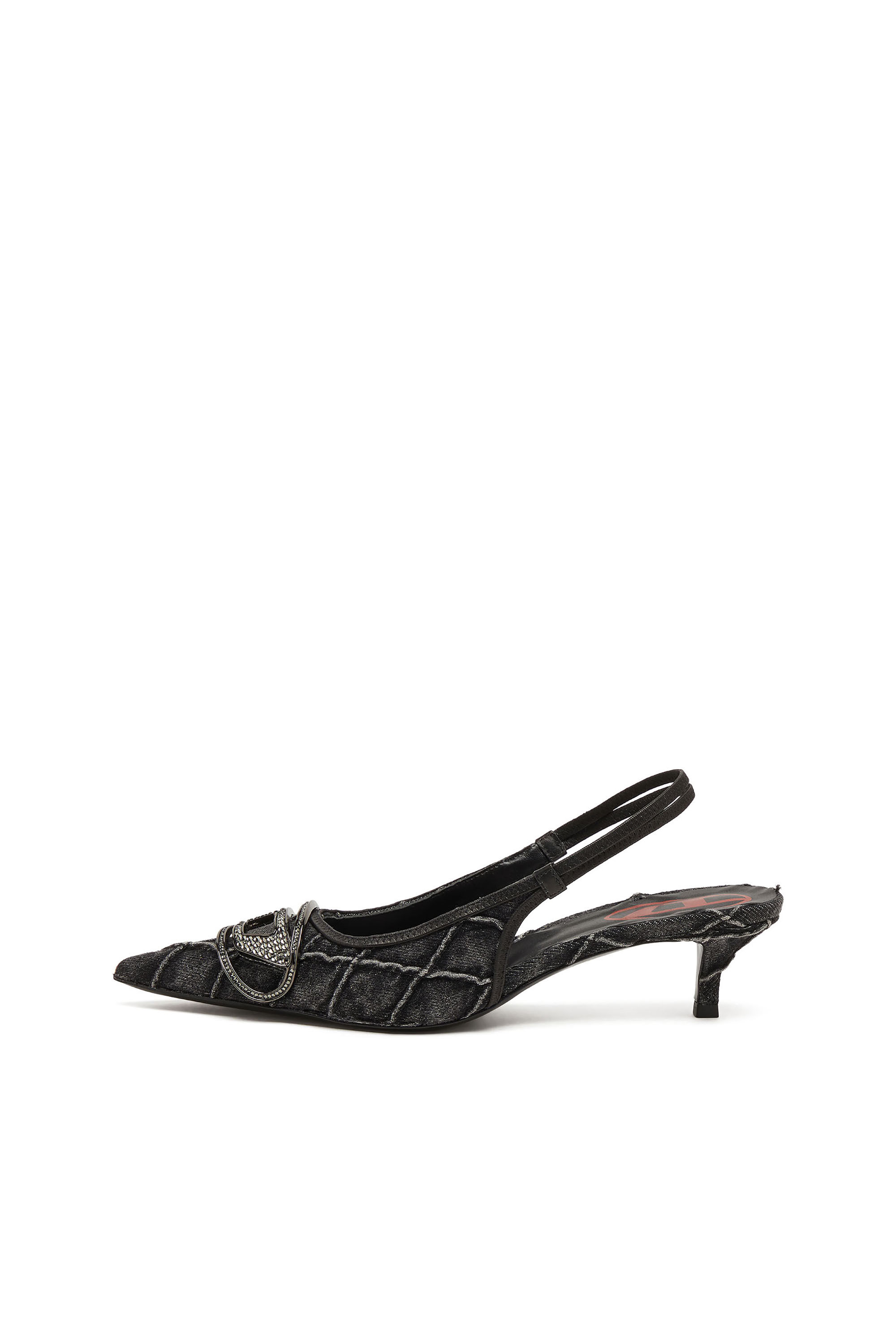 Diesel - D-VENUS SB 40, Woman's D-Venus-Crystal-logo quilted-denim slingback pumps in Black - 8
