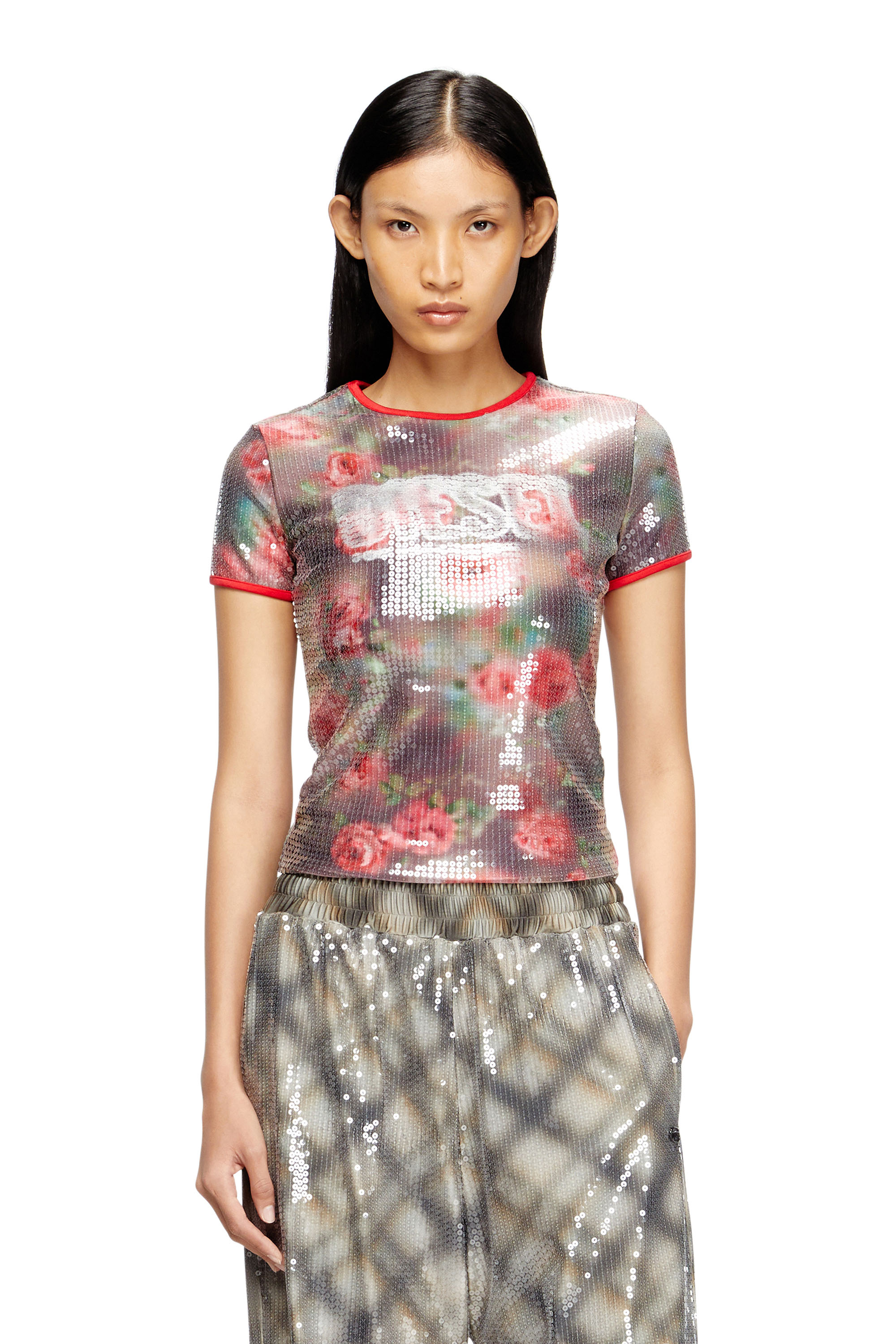 Diesel - T-UNKYEL, Woman's Skinny floral print jersey top with sequins in Brown/Green - 1