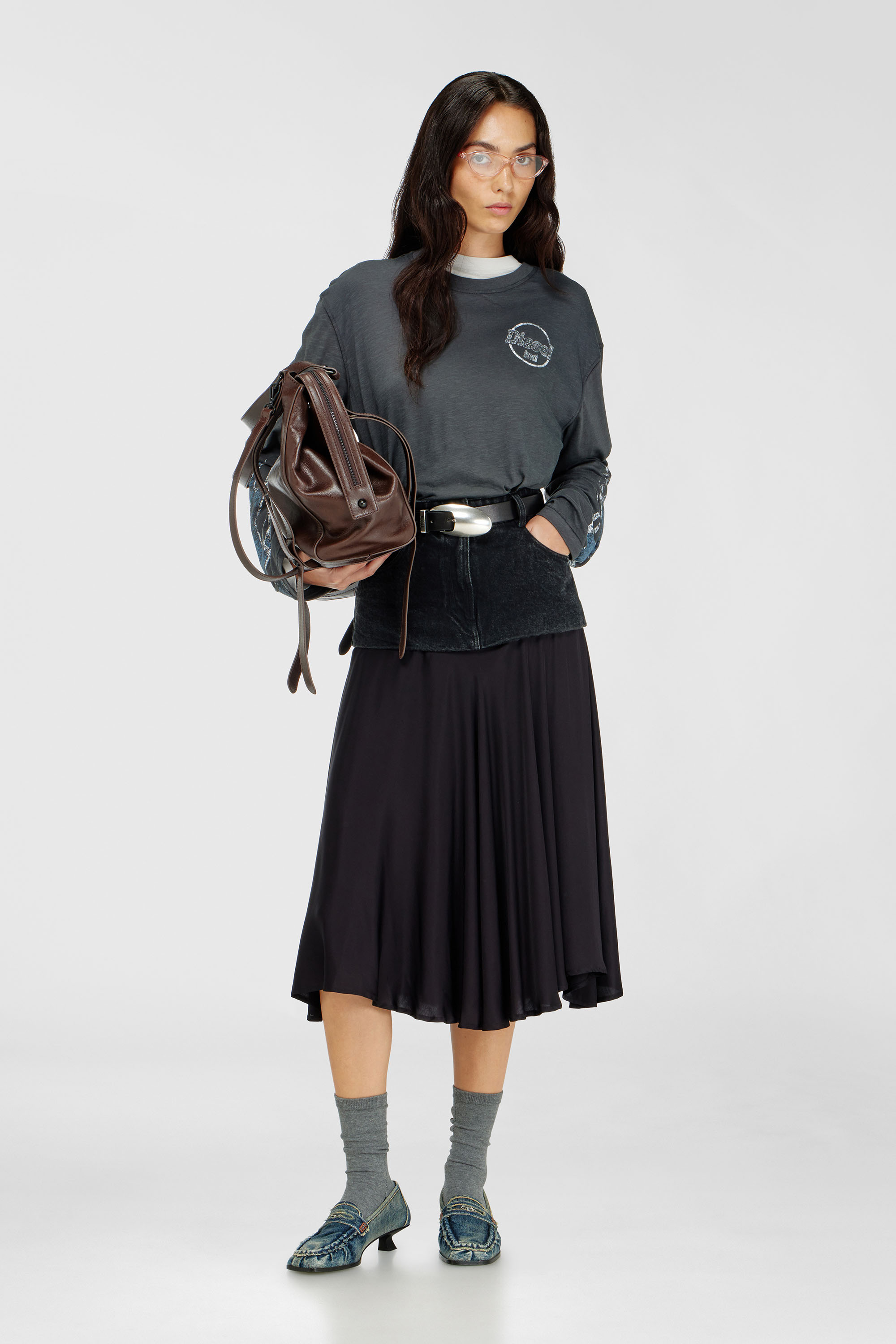 Diesel - T-HILARY-LS-B3, Woman's Long-sleeve T-shirt in slub jersey with crack print in Dark grey - 1