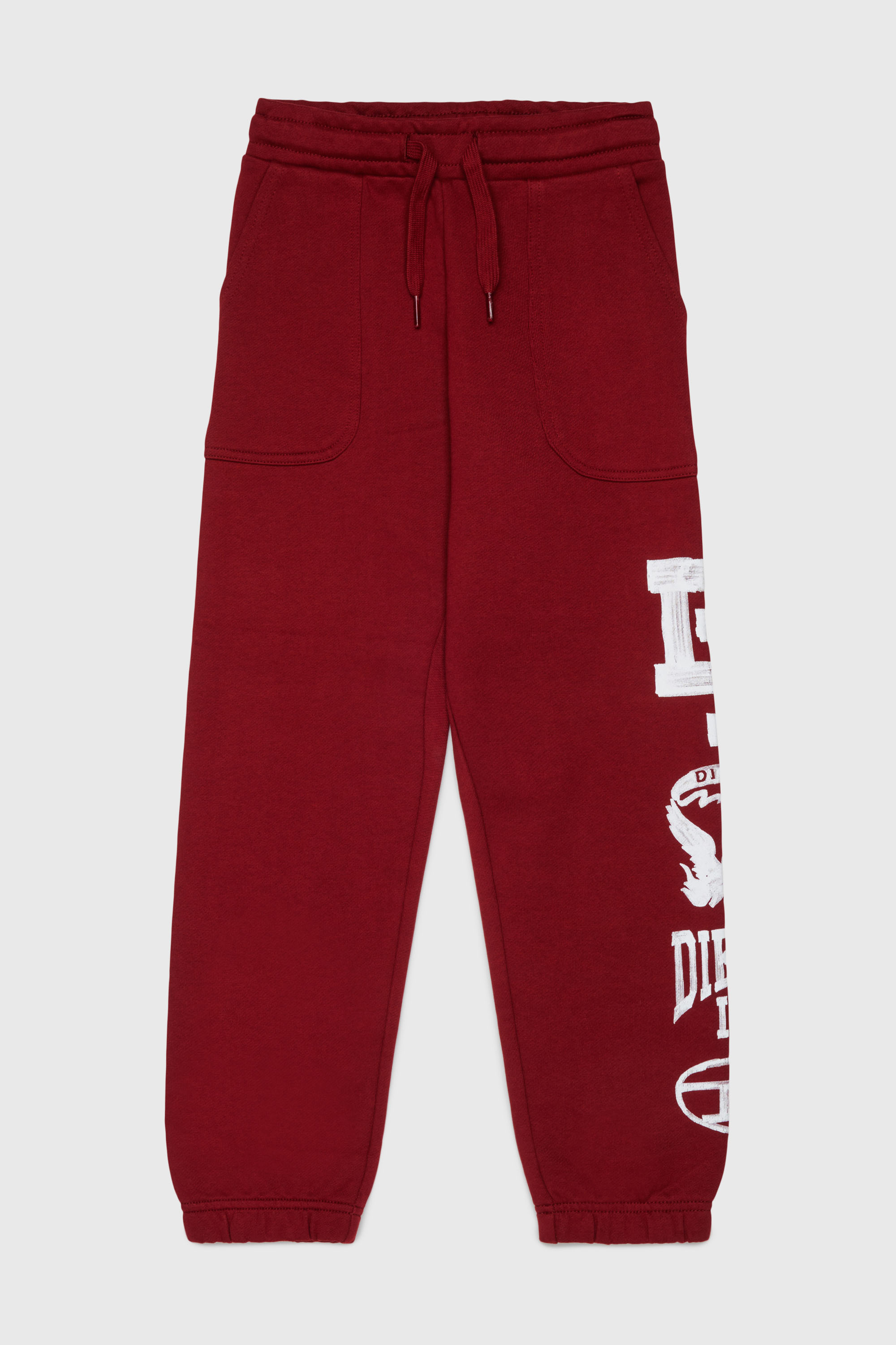 Sweatpants with collegiate-style logos