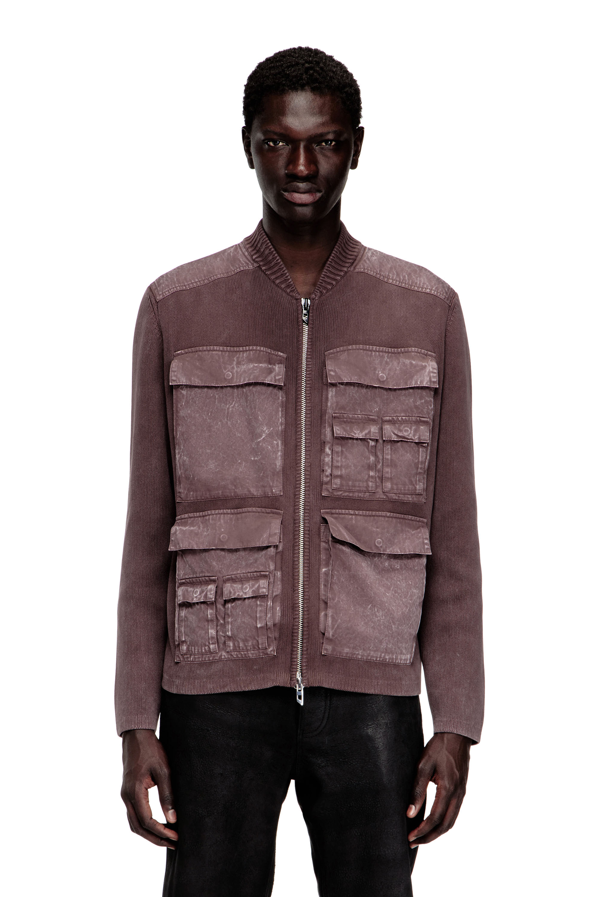 Diesel - K-GEROME, Man's Zip-up cardigan with cargo pockets in Brown - 3
