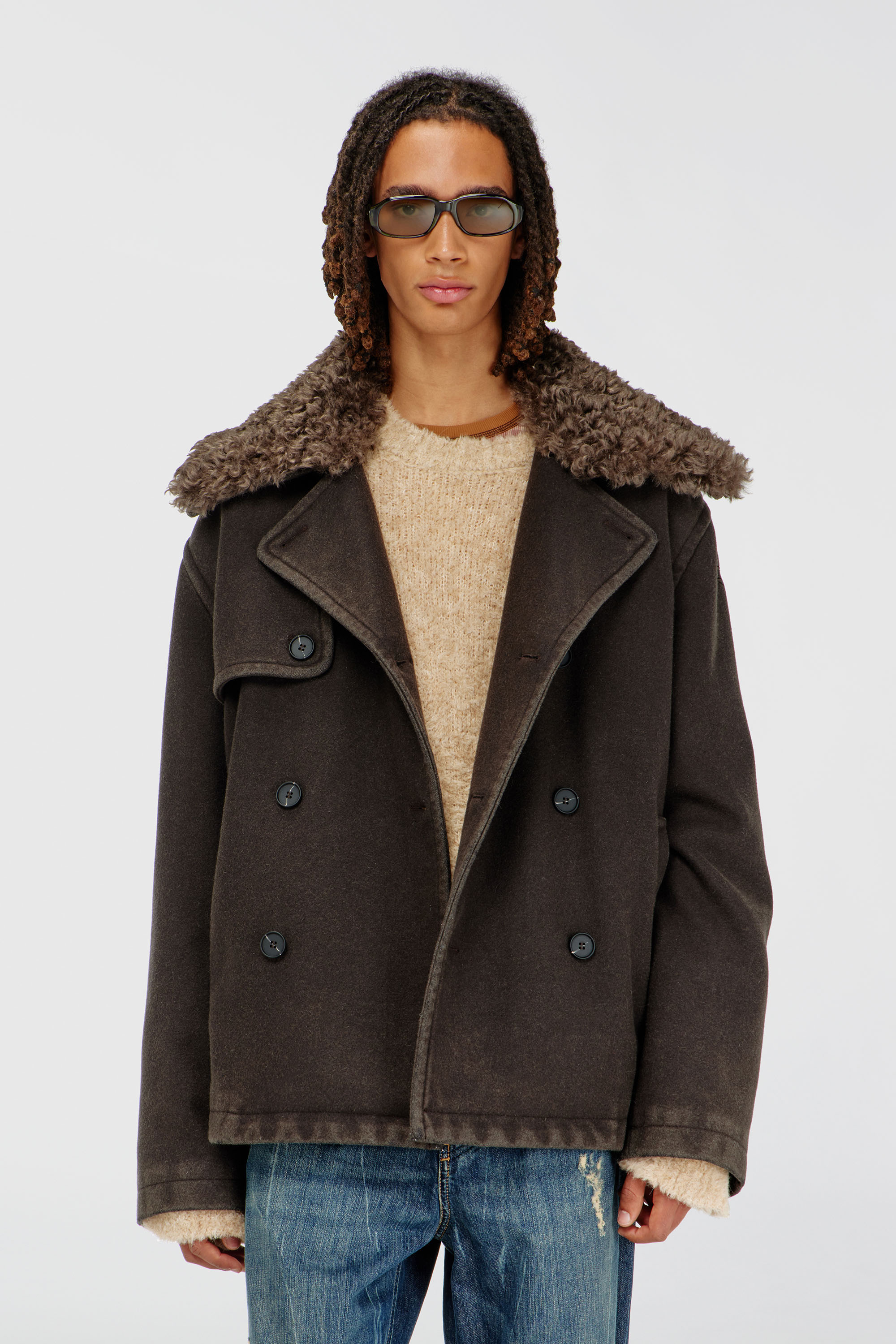 Diesel - W-JAKE-QMCH, Man's Wool-blend peacoat with detachable collar in Brown - 3