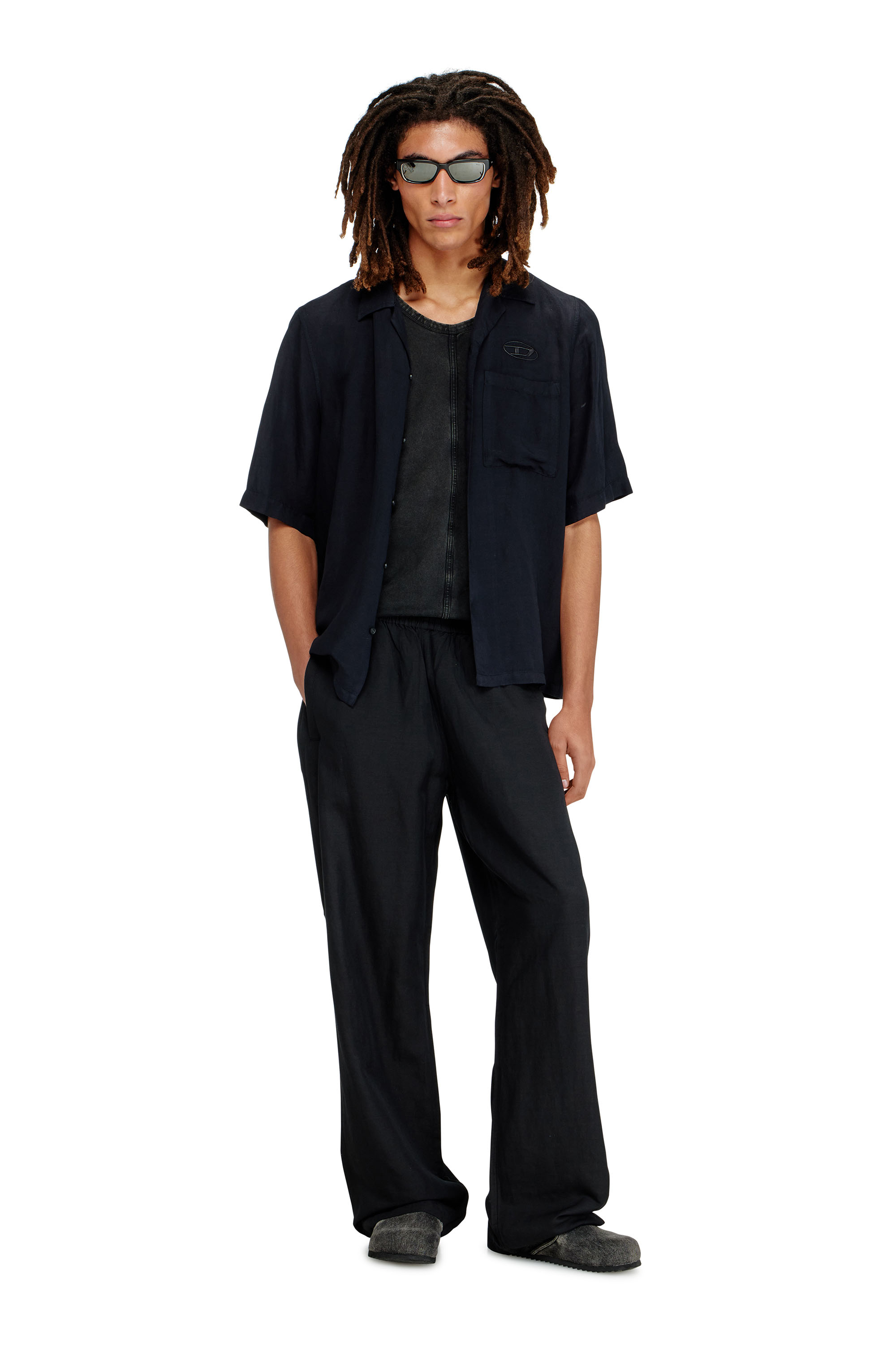 Diesel - S-BRACK-PGBS, Man's Linen-blend shirt with short sleeves in Black - 1