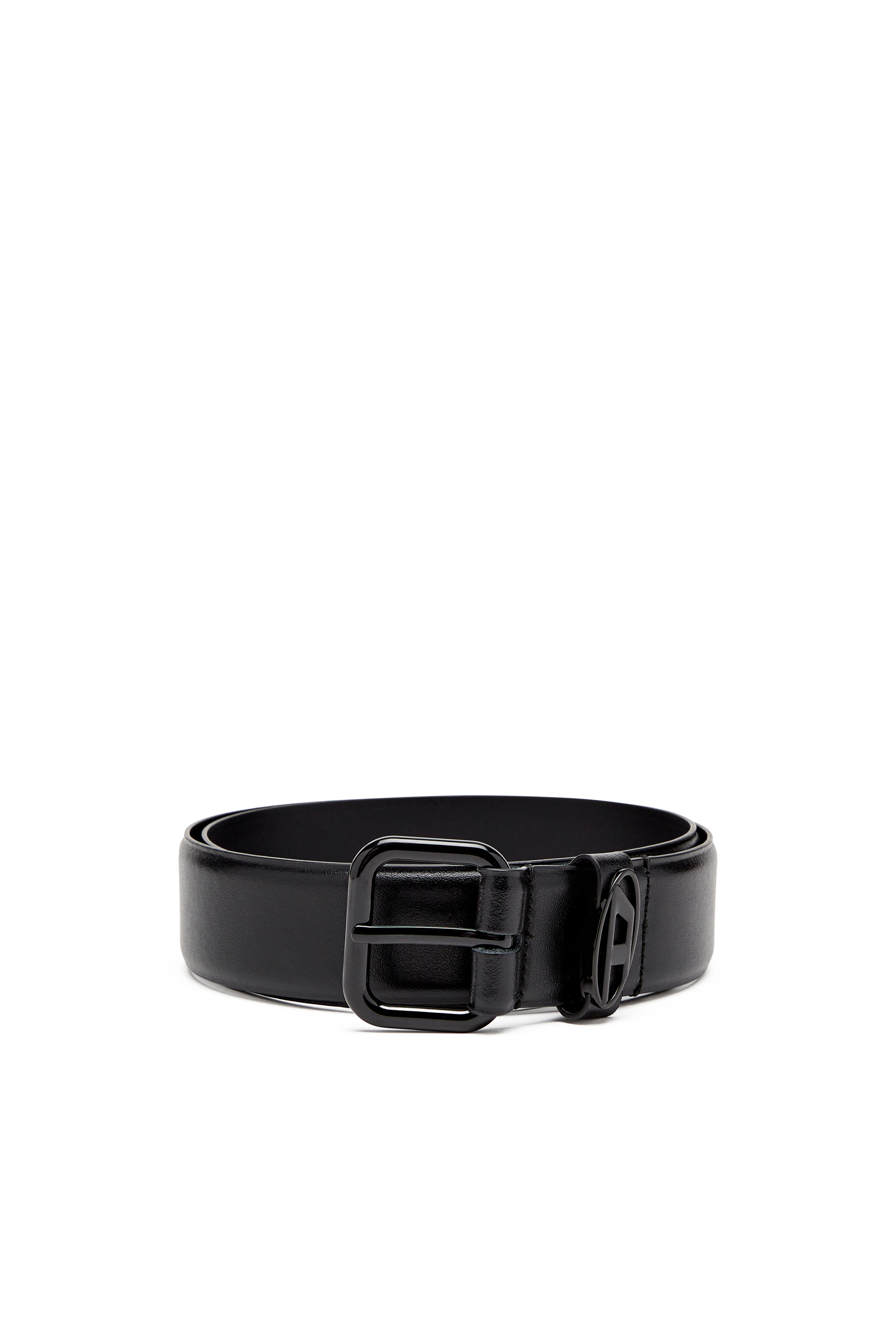 Diesel - B-1DR OVAL D LOOP, Unisex's 3.9cm logo-plaque embellished leather belt in Bright Black - 1