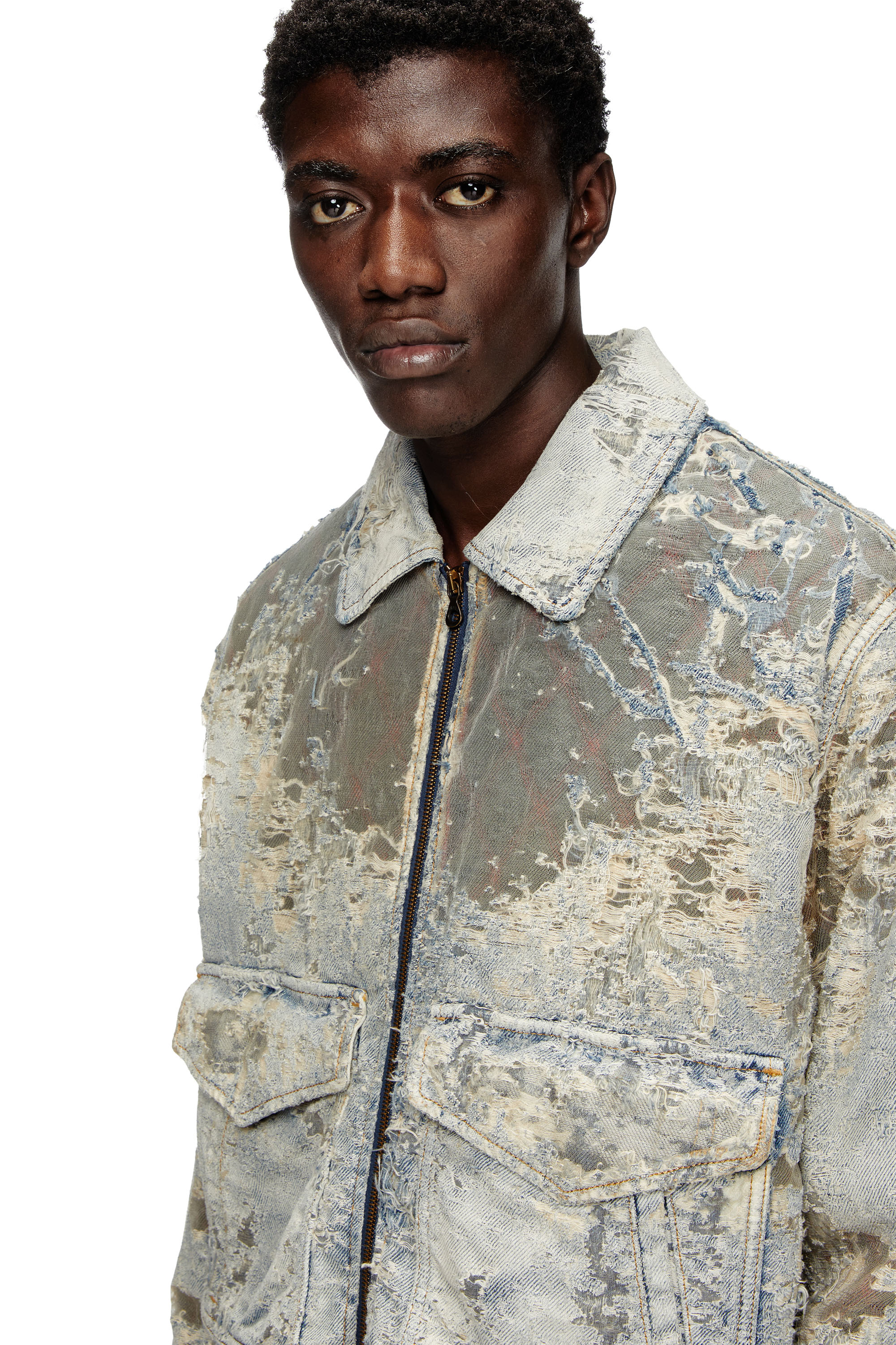 Diesel - D-MUDDY-FSF, Man's Aviator jacket in devoré denim in Light Grey - 5