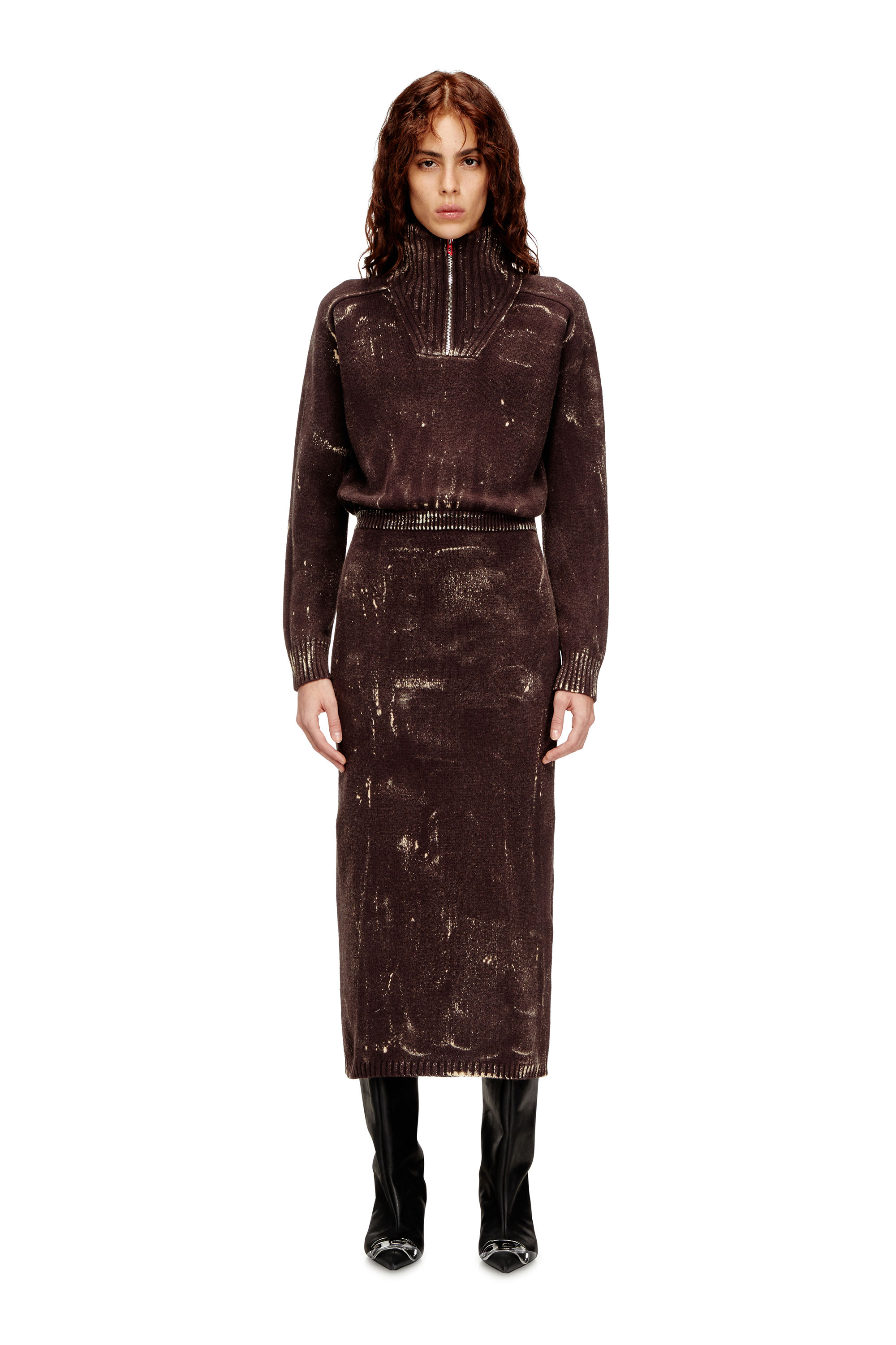 Diesel - M-MARCELLE, Woman's Midi dress in treated wool-blend knit in Brown - 2