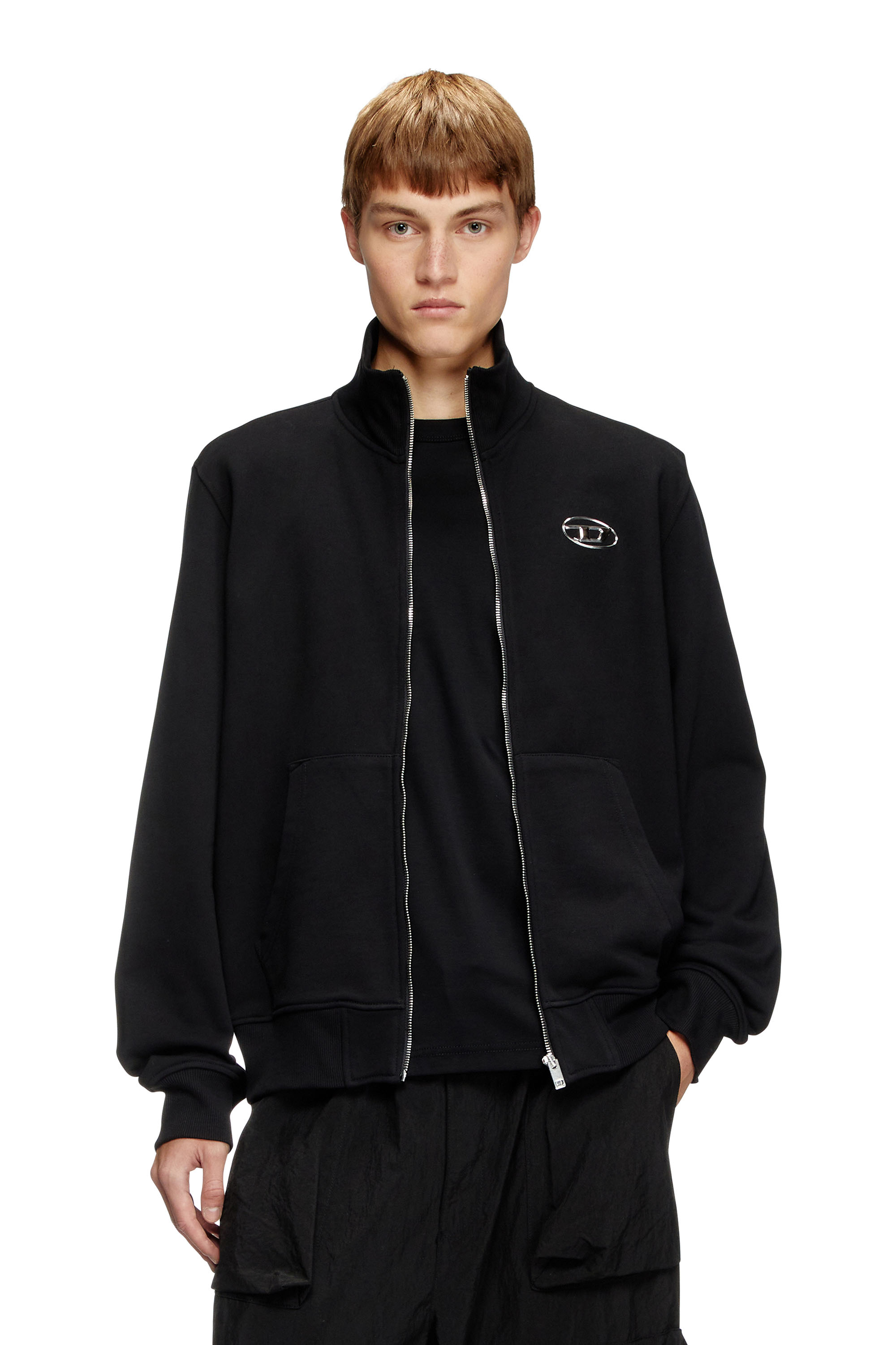 Diesel - S-GINNI-ZIP-OD, Man's Zip-up sweatshirt with metallic logo in Black - 1