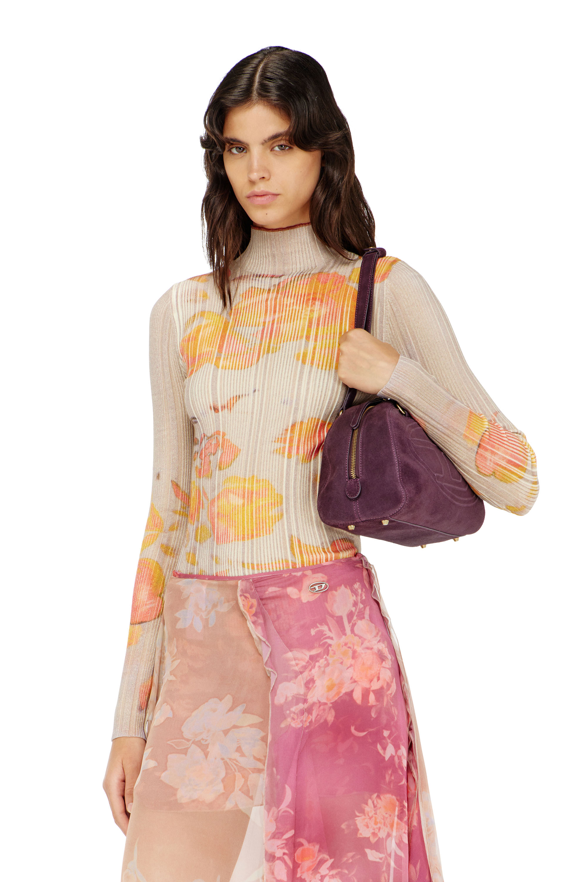 Diesel - M-IORIA, Woman's Ribbed wool turtleneck top with floral print in Yellow/Beige - 1