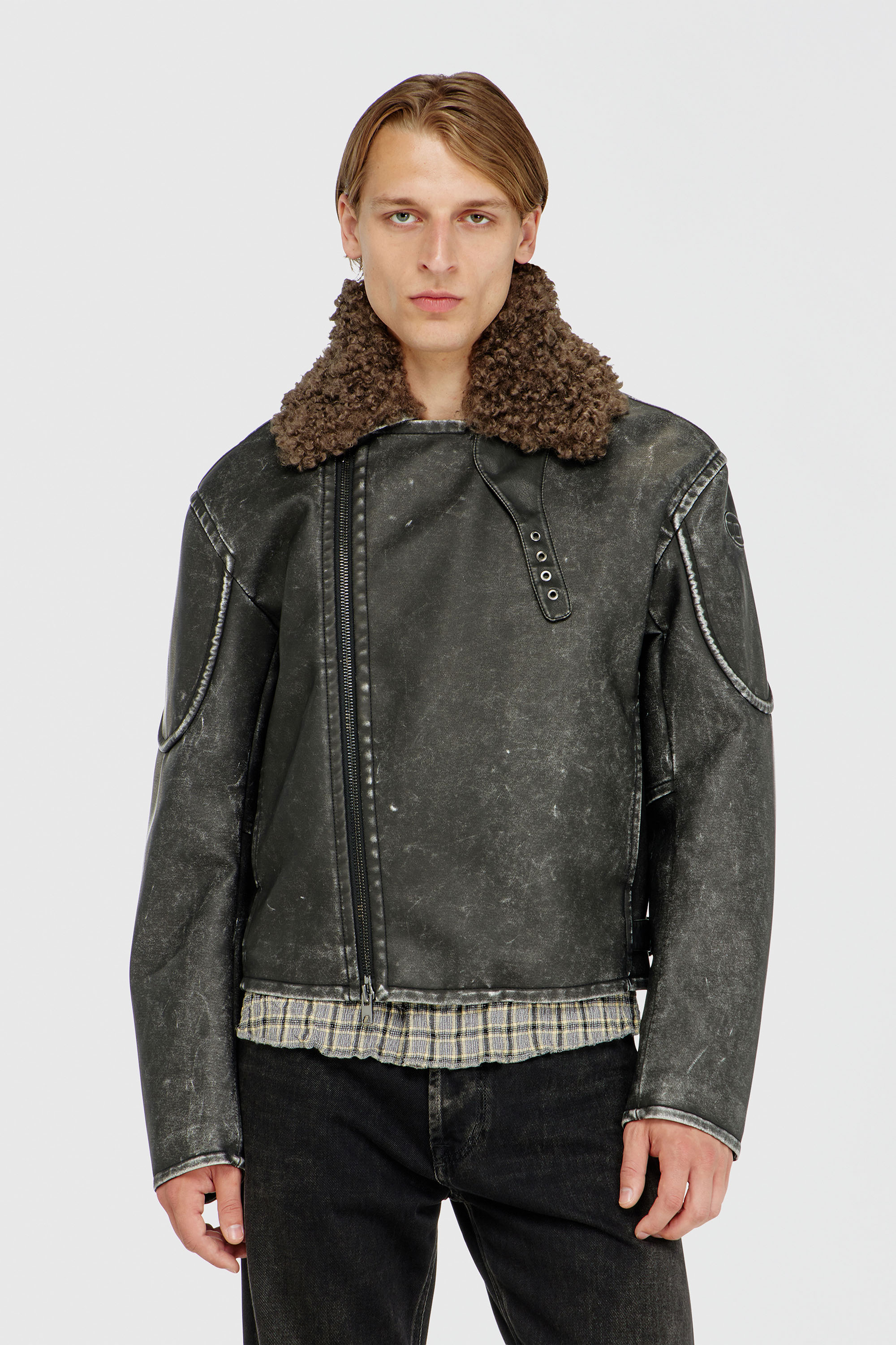 Diesel - W-ALEX, Man's Biker jacket with detachable collar in Dark grey - 5