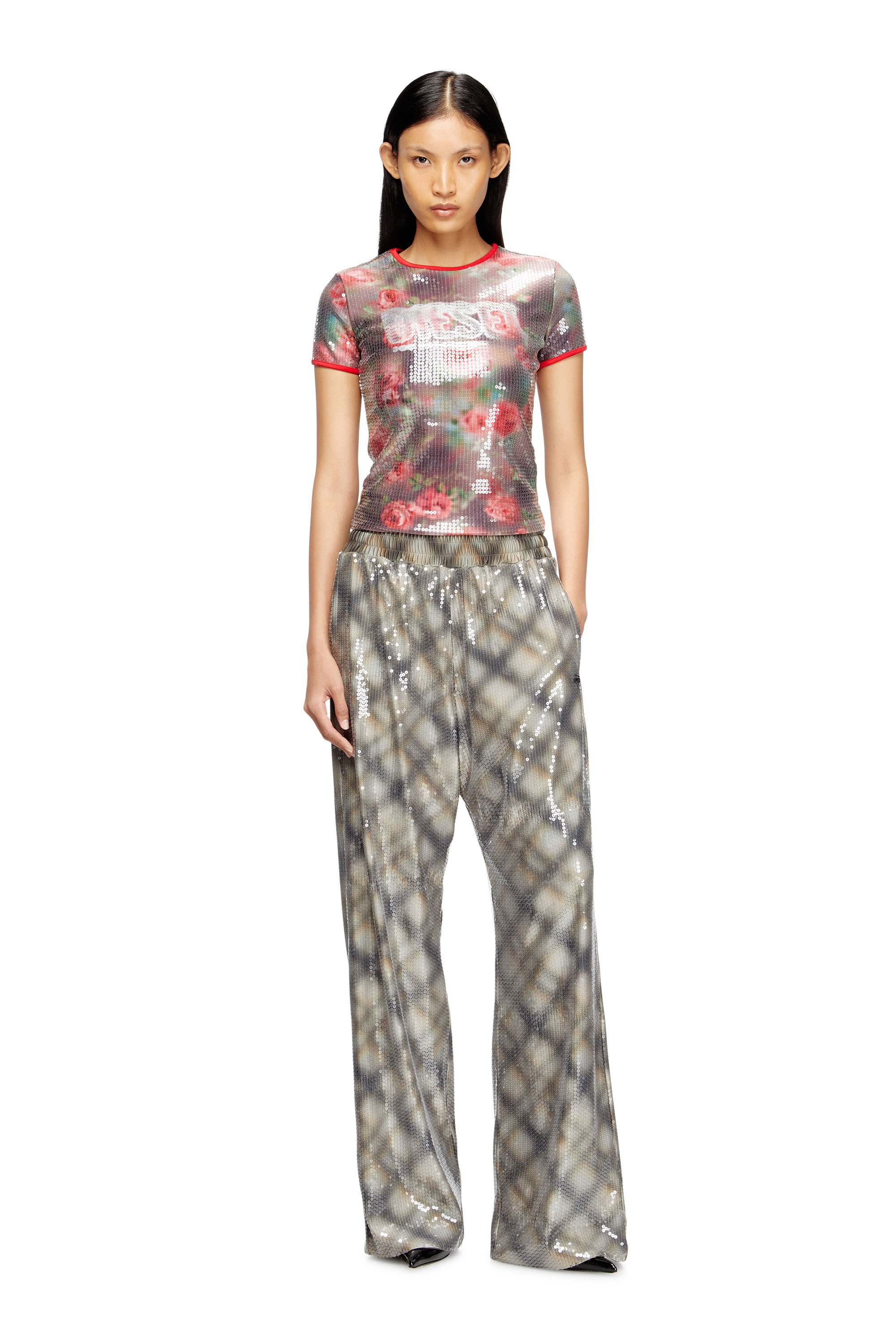 Diesel - T-UNKYEL, Woman's Skinny floral print jersey top with sequins in Brown/Green - 2