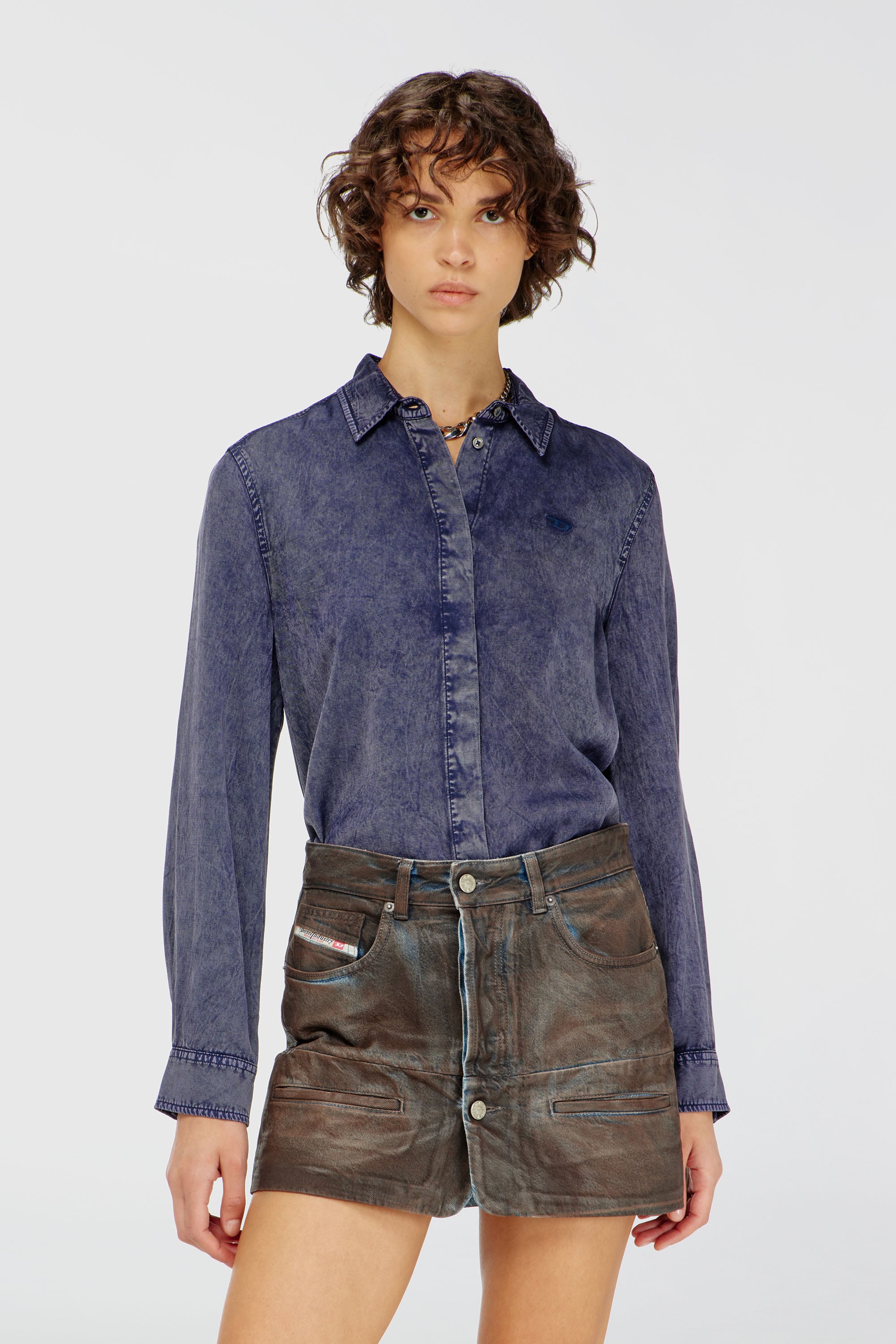 Diesel - C-RONORY-B2, Woman's Fluid shirt in denim-effect viscose in Dark Blue - 1