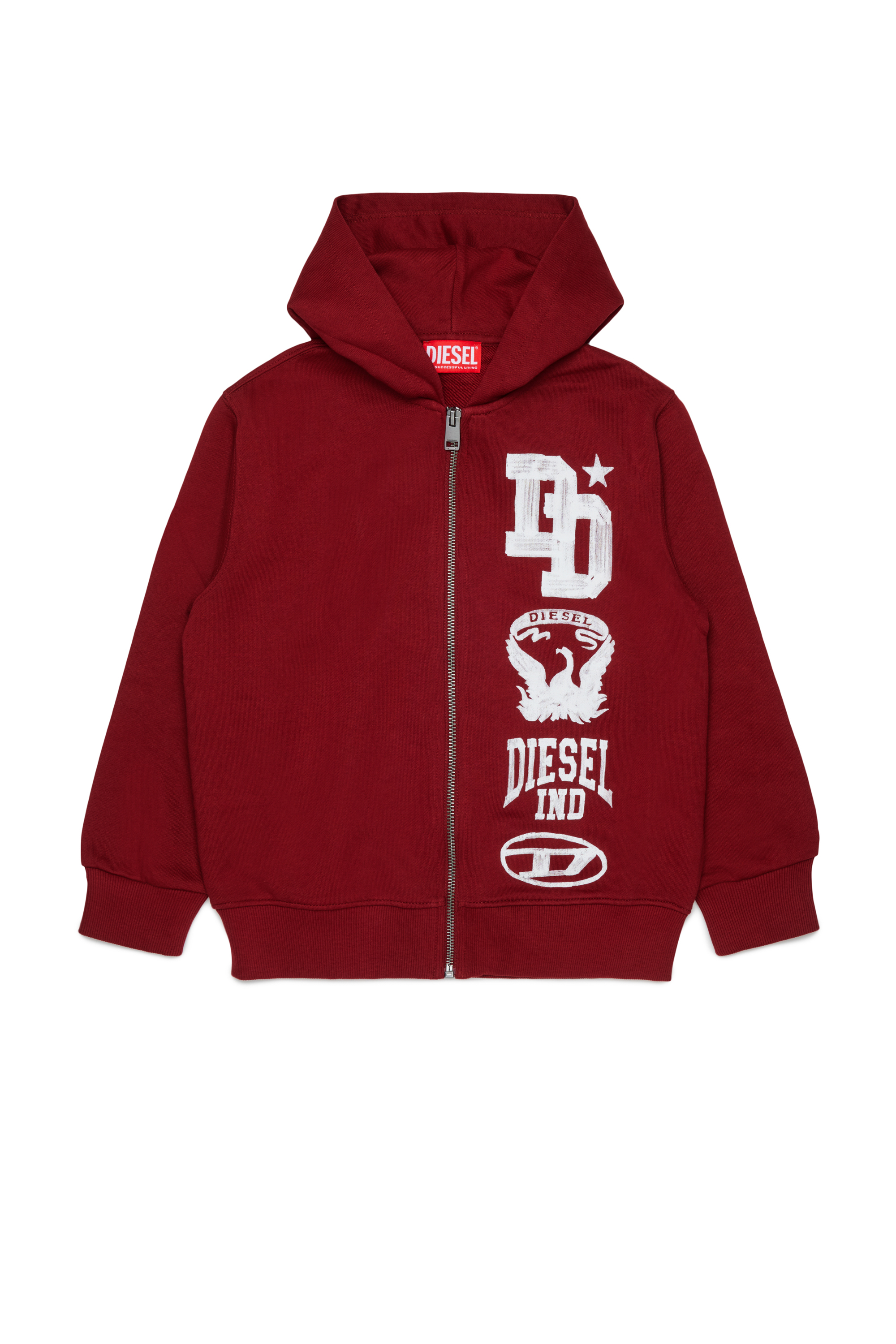Diesel - SBANDHOOD OVER, Man's Zip-up hoodie with paint-effect logo prints in Red - 1
