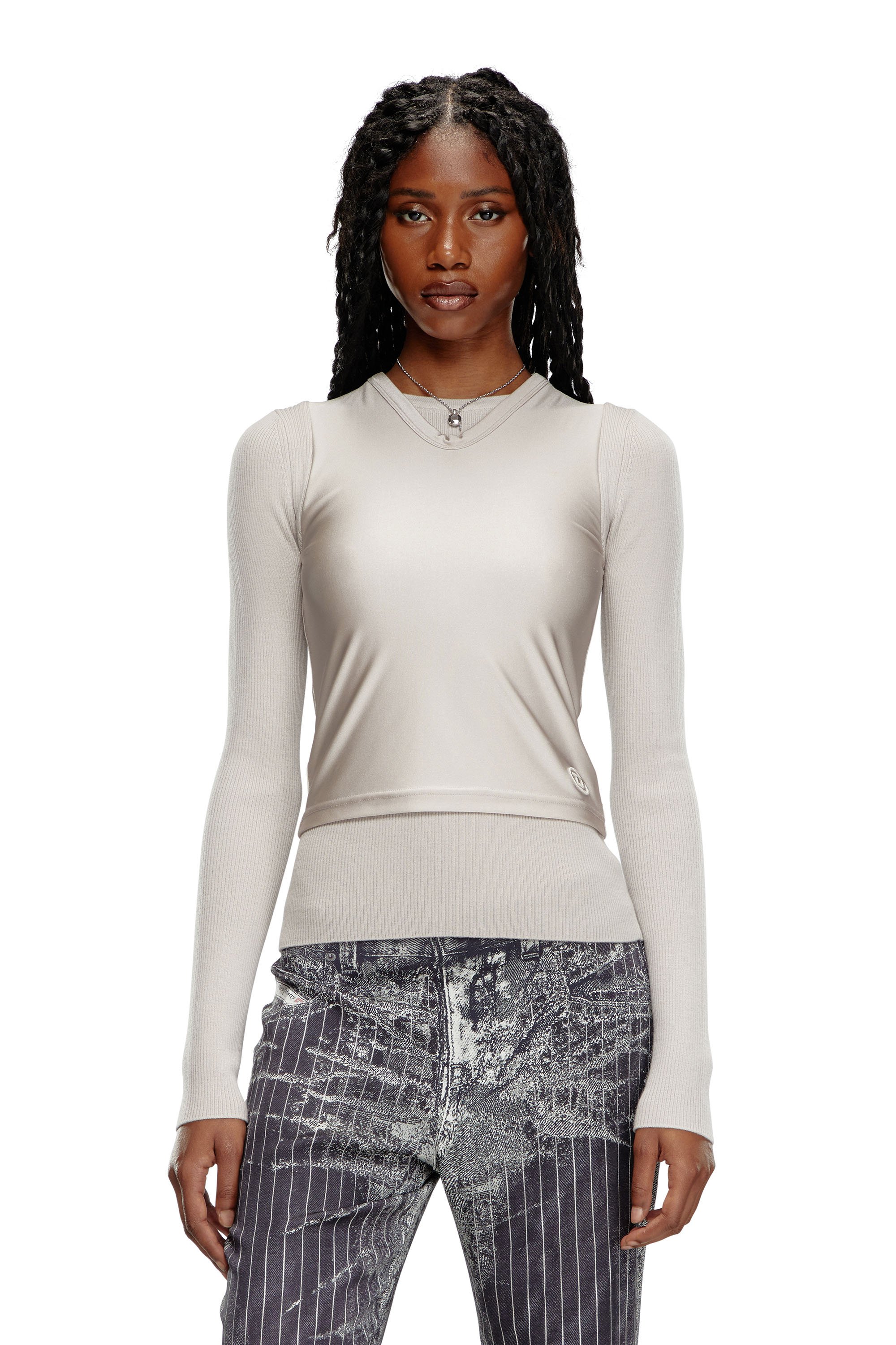 Diesel - M-ROSEL, Woman's Wool-knit top with tank overlay in Light Grey - 1