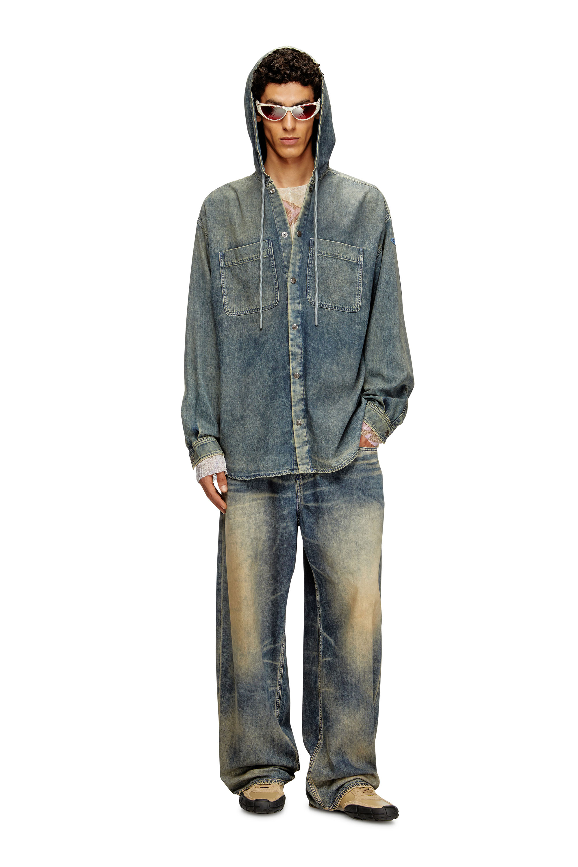 Diesel - D-DEWNY-HOOD-S2, Man's Overshirt in marbled coated denim in Medium blue - 1