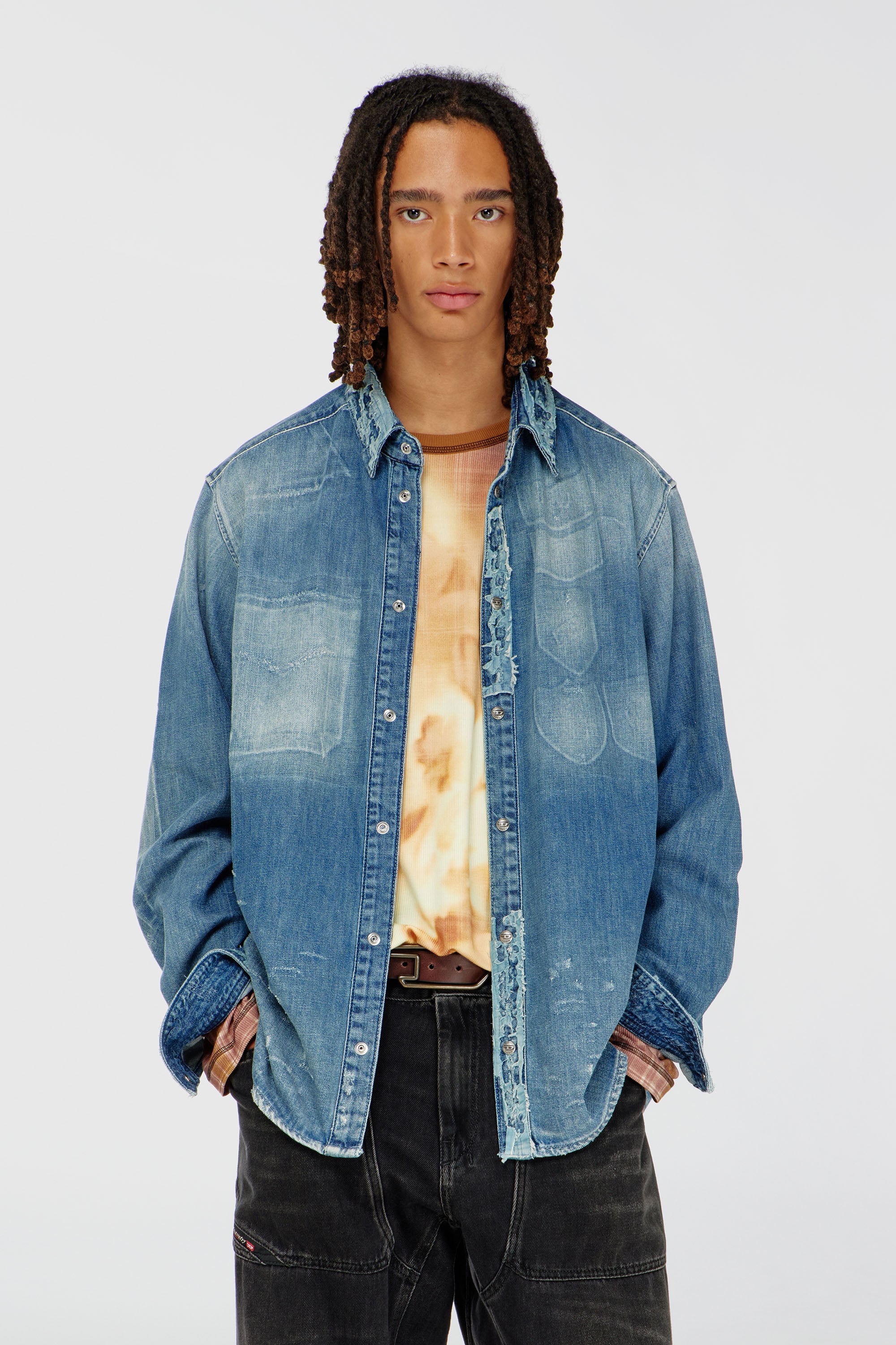 Diesel - D-SIMPLY, Man's Shirt in distressed patch-effect denim in Medium blue - 1