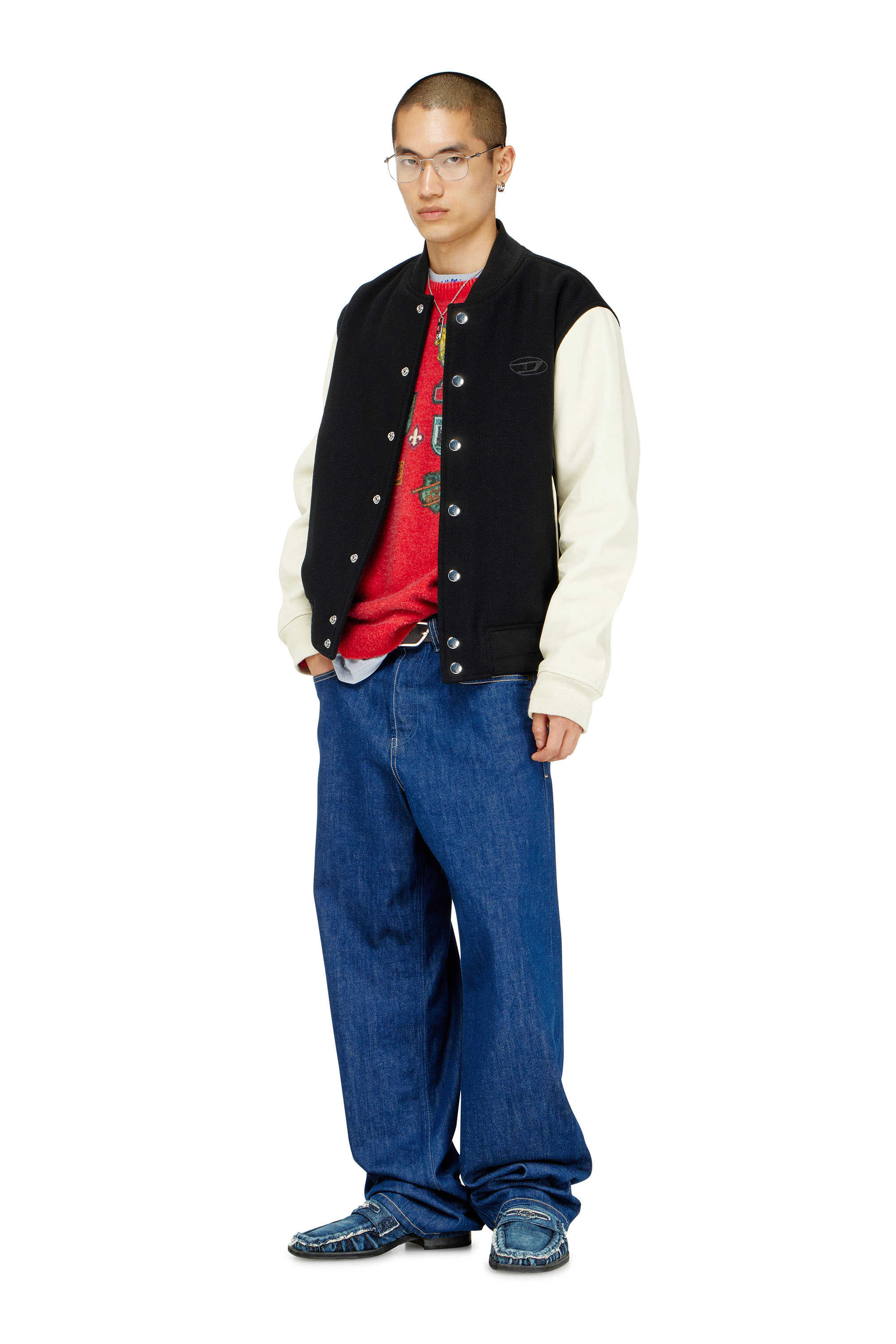 Diesel - L-ARRY-WRD, Man's Bomber jacket in wool blend and leather in Black/White - 2