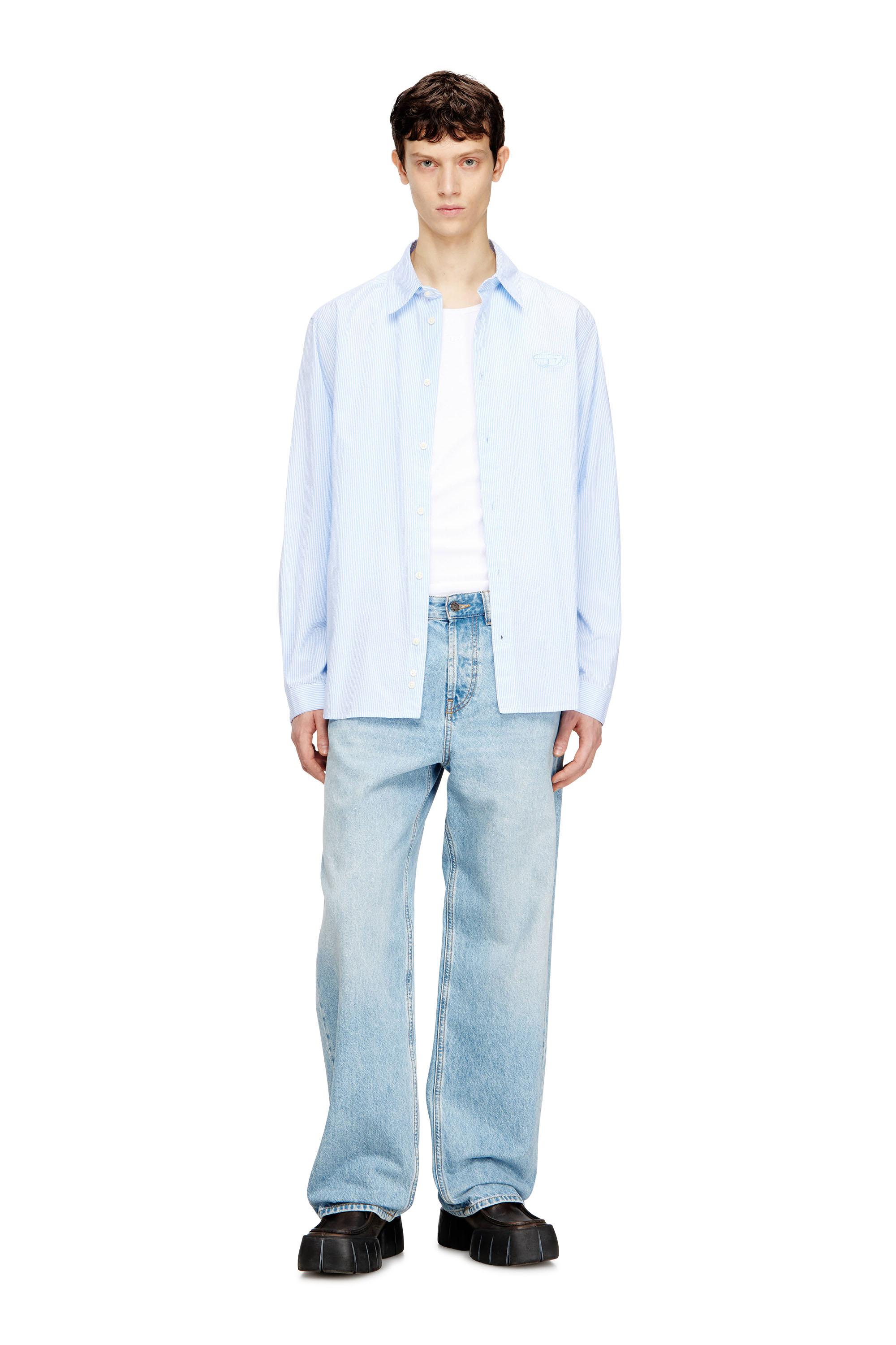 Diesel - S-SIMPLY-BKBZ, Man's Striped shirt in wrinkled cotton in Blue/White - 1