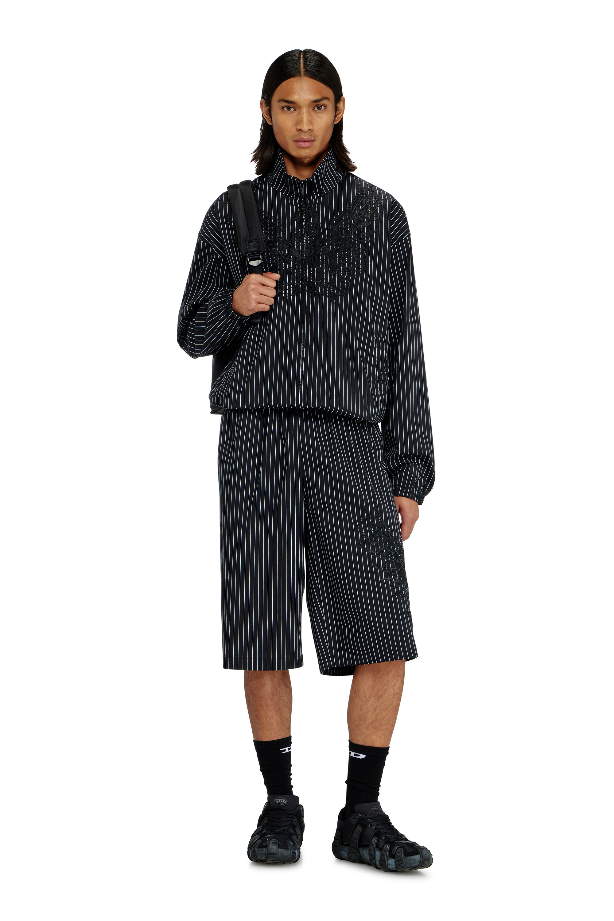 Diesel - J-CORSAR-NJCA, Man's Nylon pinstripe Jacket with Phoenix embroidery in Black - 2