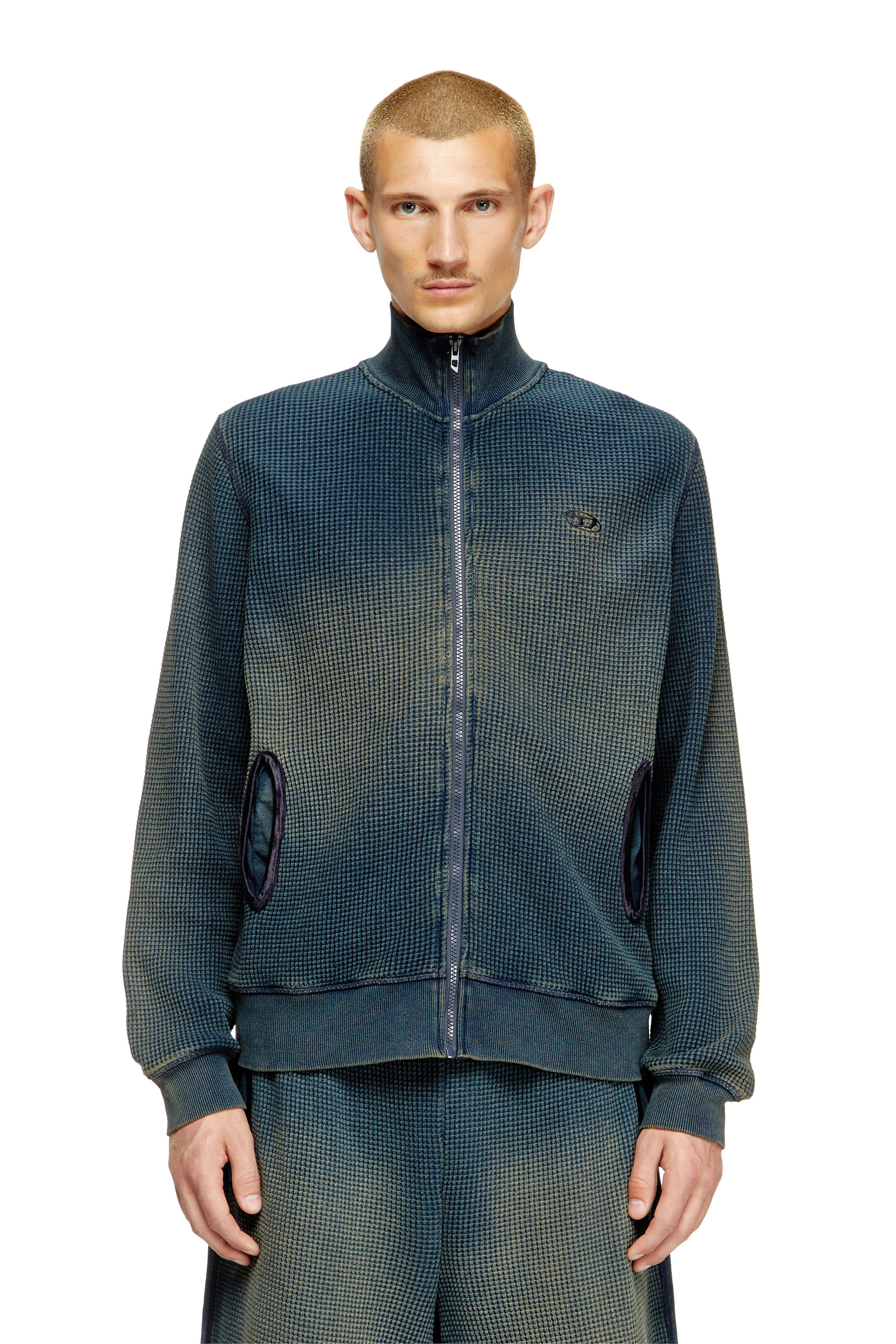Diesel - S-WAFY-ZIP, Man's Waffle and jersey zip-up sweatshirt in Dark Blue - 1