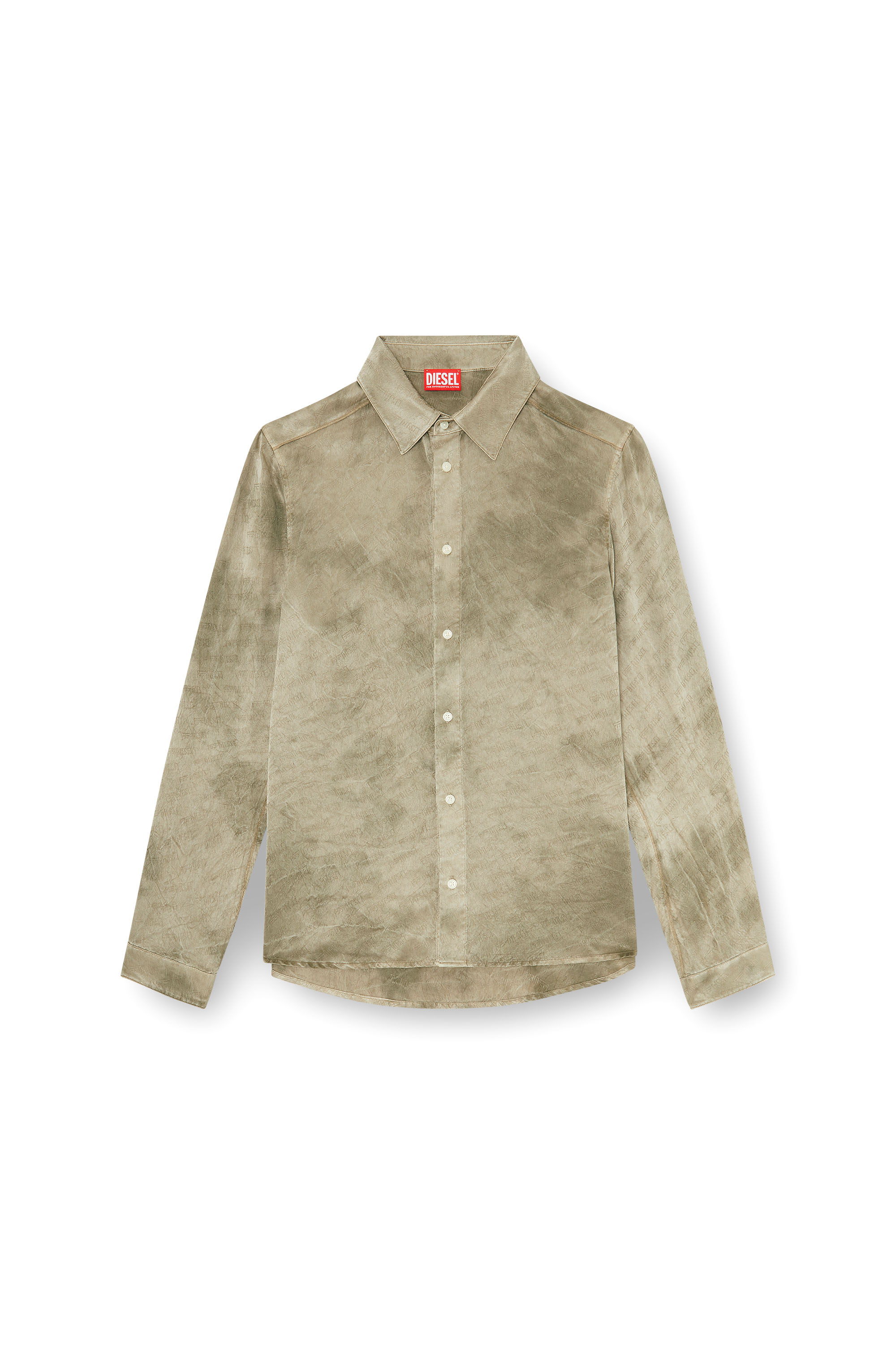 Diesel - S-KISSY-HNBW, Man's Shirt in logo-jacquard crinkled satin in Light Brown - 3