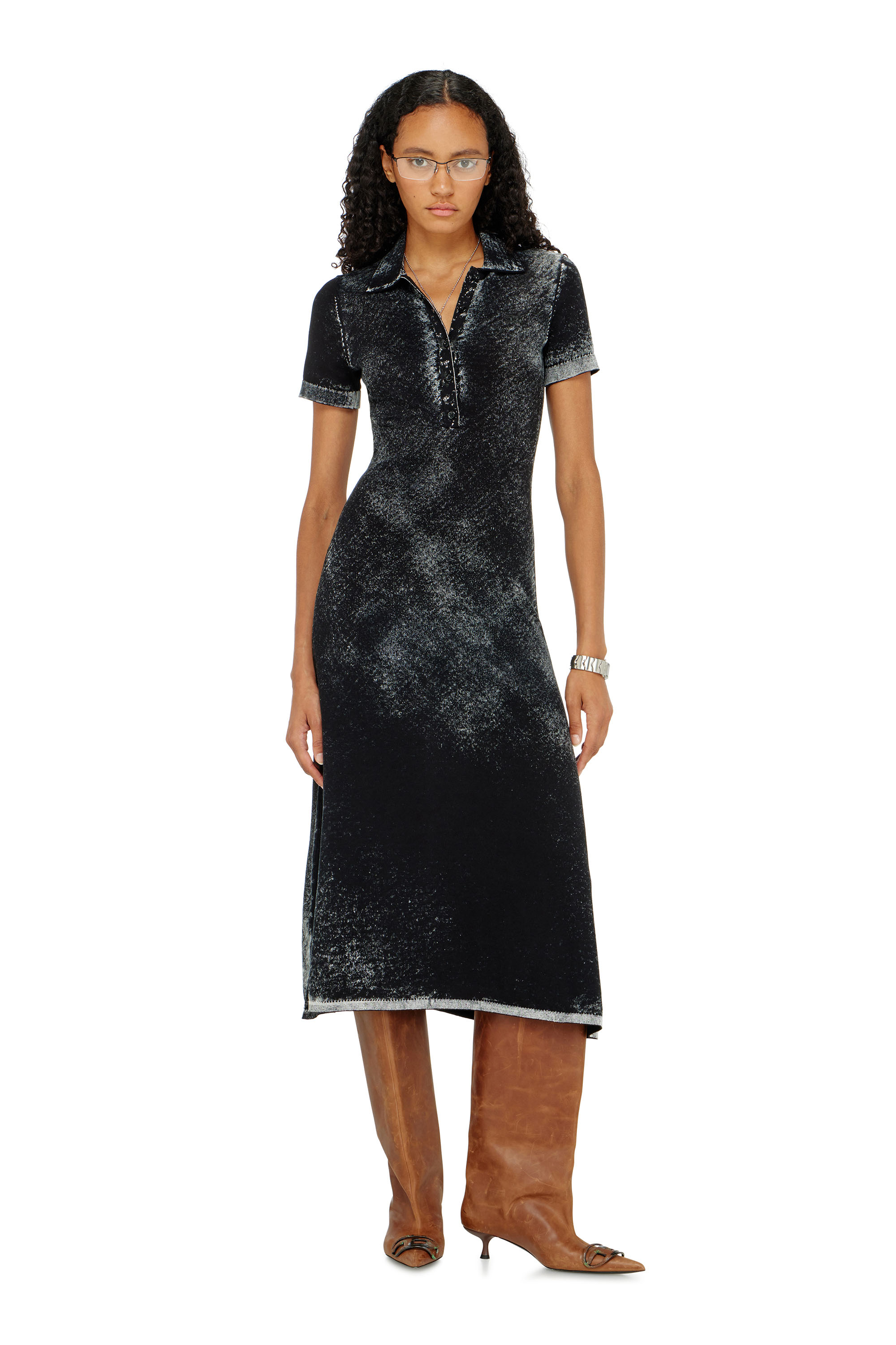Diesel - M-LOURENS, Woman's Midi polo dress in reverse-printed knit in Black - 1