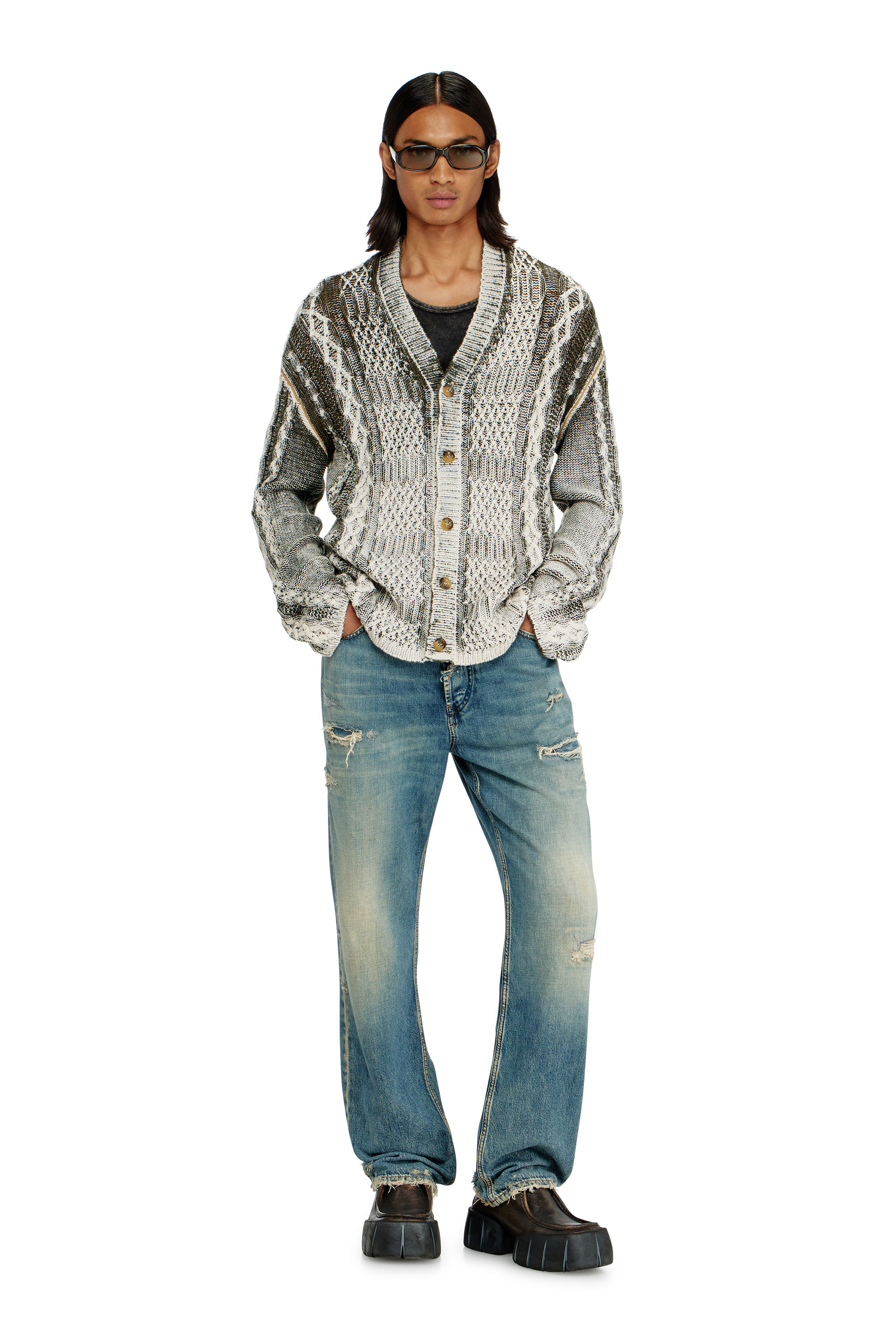 Diesel - K-MIOTO, Man's Treated cable-knit cardigan in White/Grey - 2