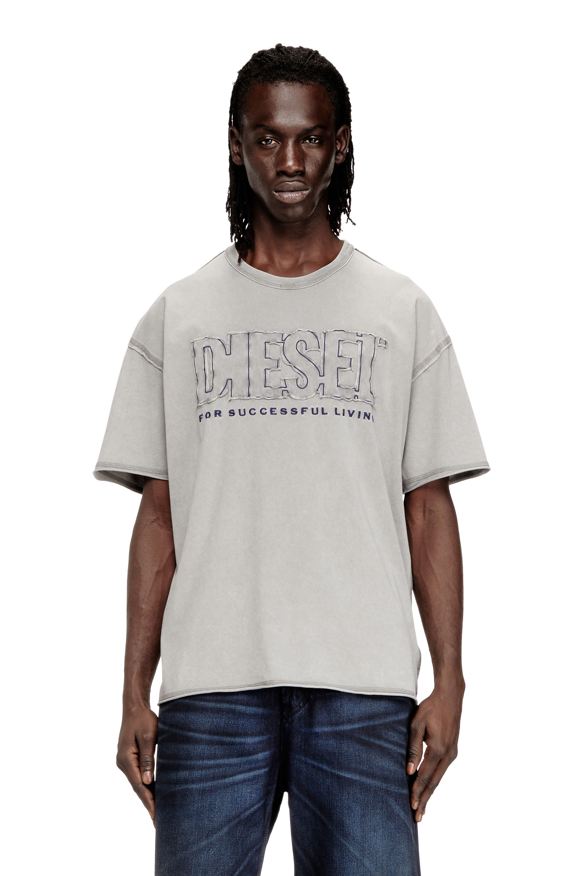 Diesel - T-RAWBOXT, Man's T-shirt with appliqu&eacute; logo and raw edge in Grey - 1