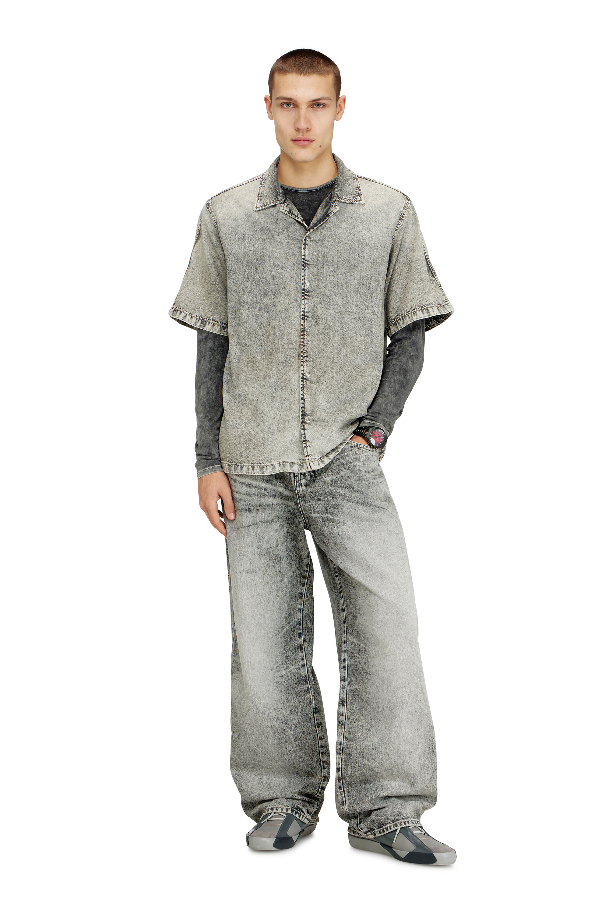 Diesel - D-NABIL-S8, Man's Short-sleeve shirt in fluid treated denim in null - 2