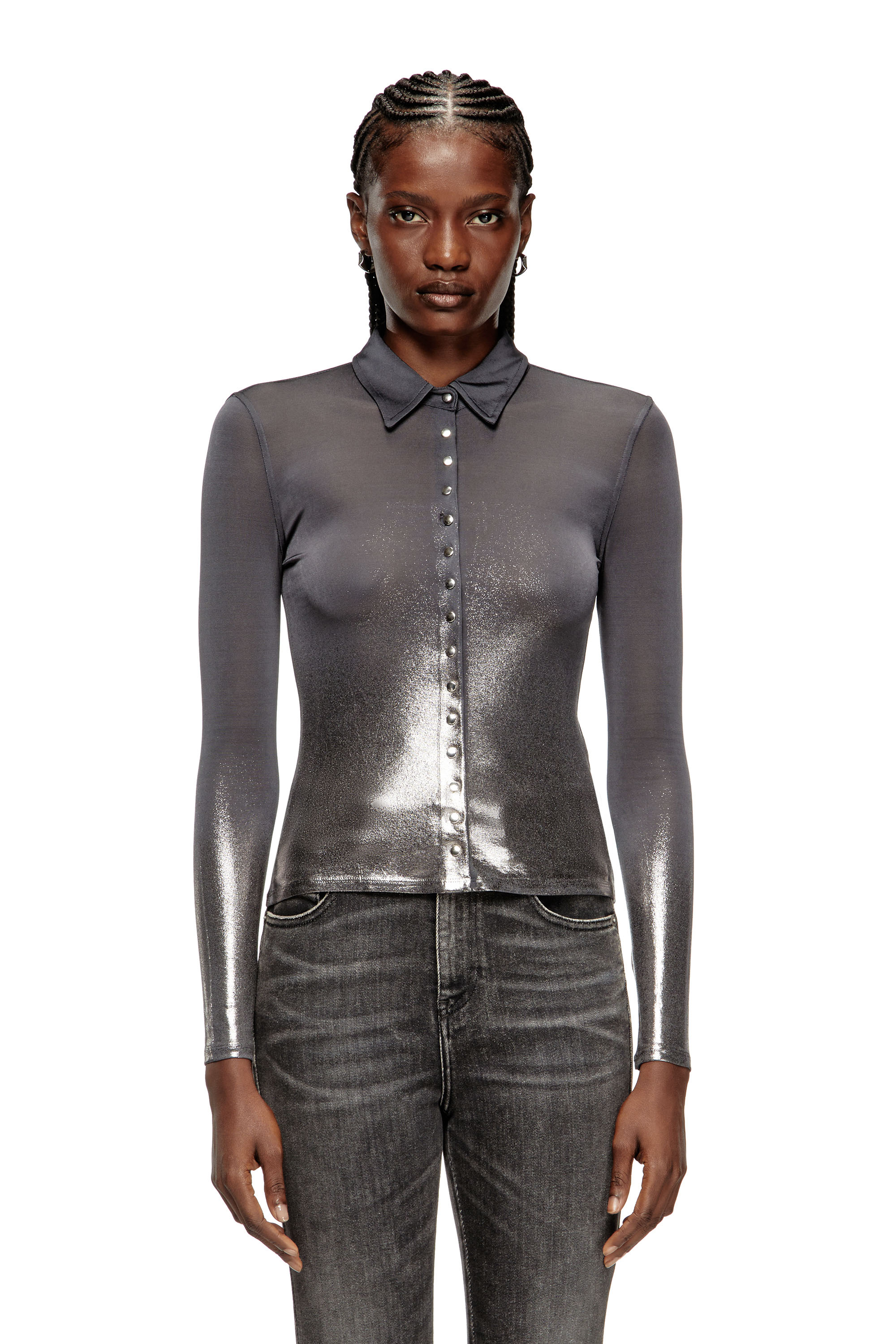 Diesel - C-POL, Woman's Shirt in acetate with buttons and metallic foil in Grey - 3