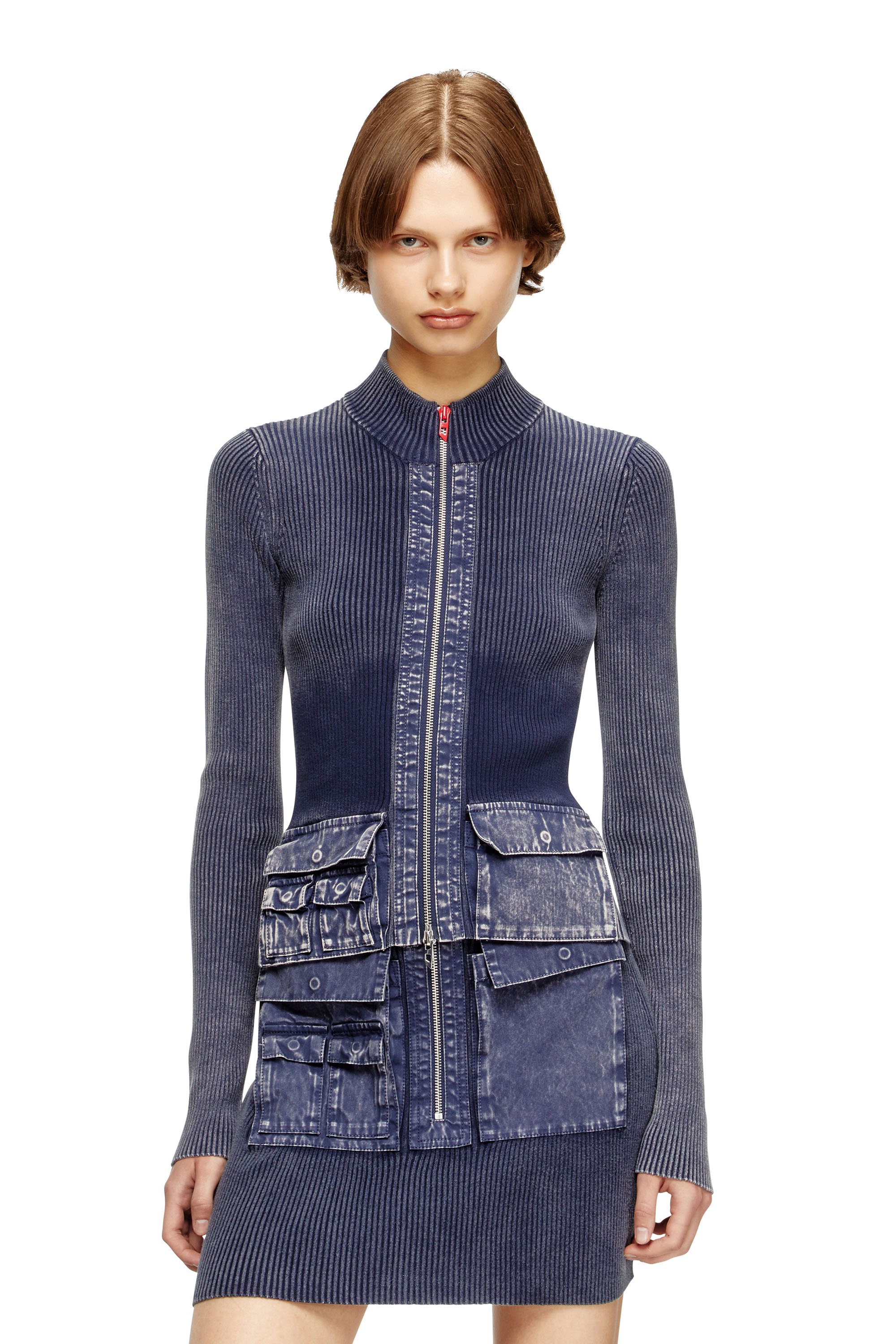Diesel - M-MELISSA, Woman's Zip-up cardigan with denim cargo pockets in Dark Blue - 3