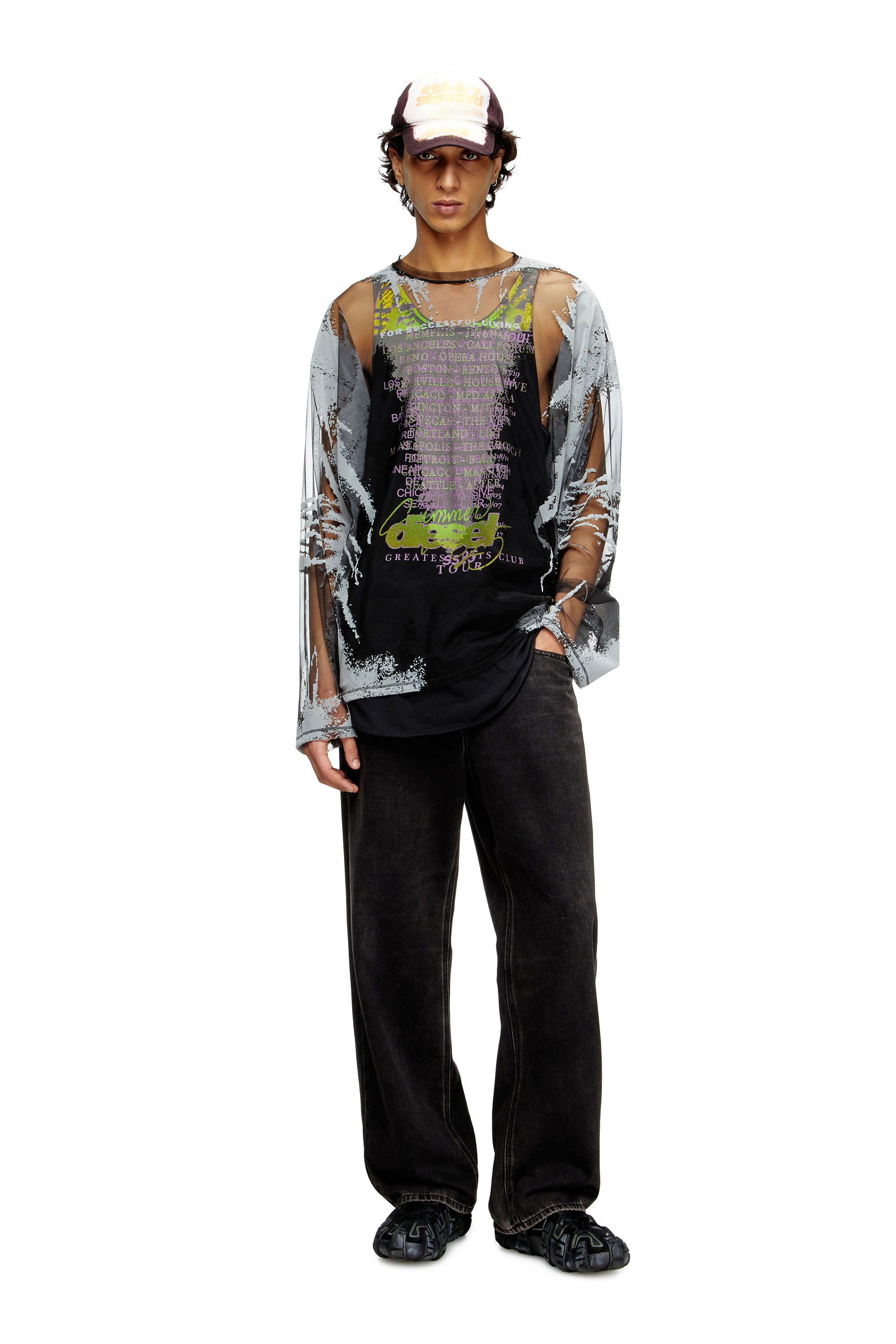 Diesel - T-HASSAN-LS-A, Unisex's Long-sleeve nylon T-shirt with lyrics print in Black - 1